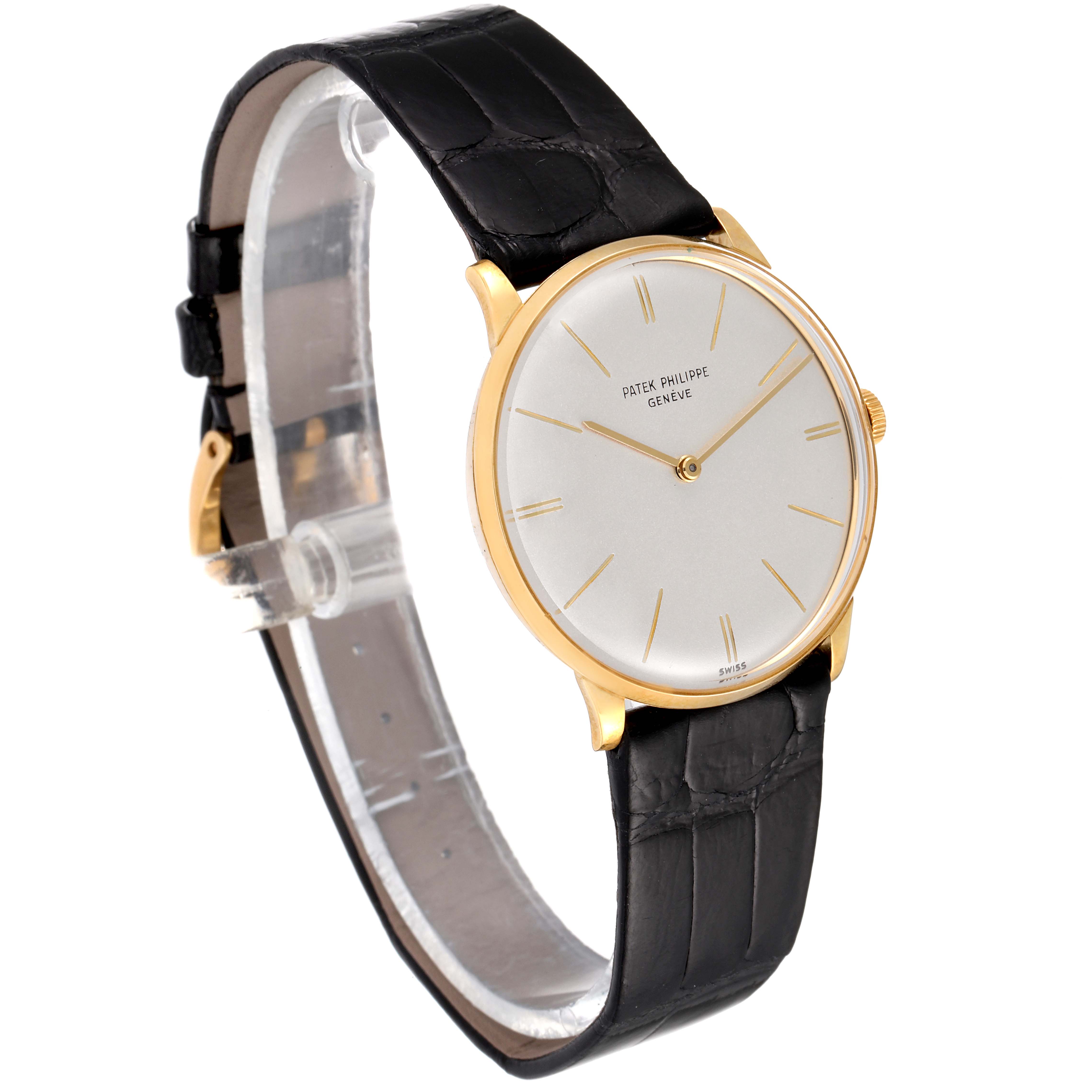 The image shows a side view of the Vintage Patek Philippe watch, highlighting its gold case and black leather strap.
