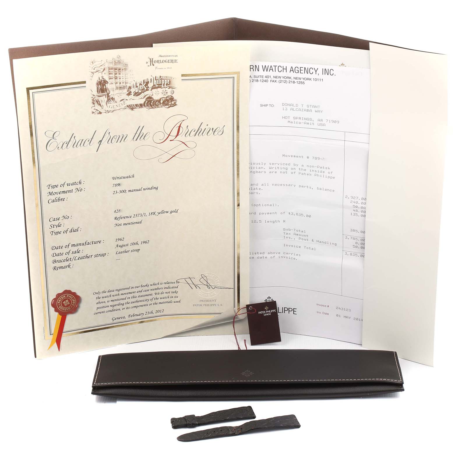 The image shows the documentation and accessories for a Vintage Patek Philippe watch, including papers, a leather case, and watch tools.