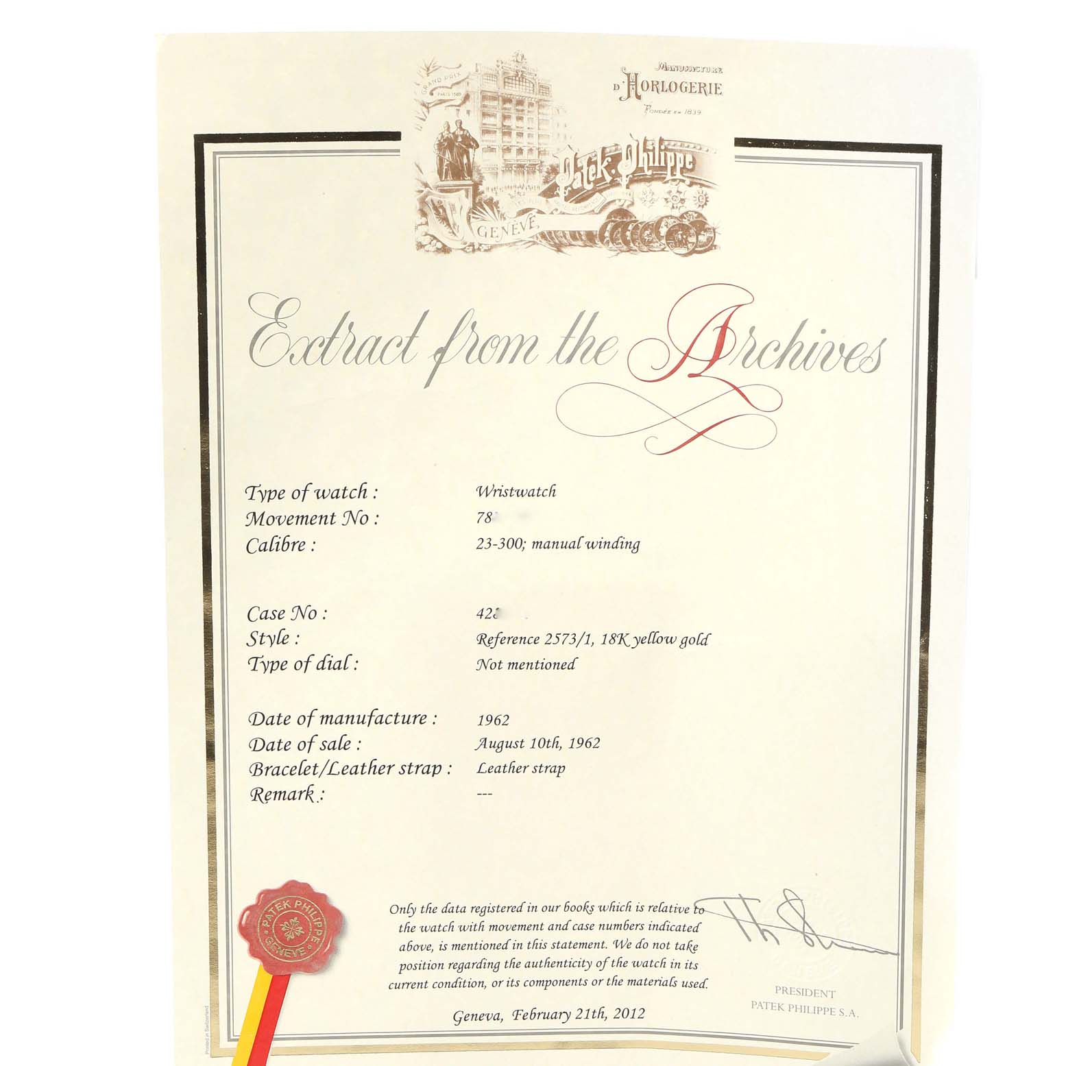 This image shows an "Extract from the Archives" certificate for a vintage Patek Philippe wristwatch, Ref. 2573/1.