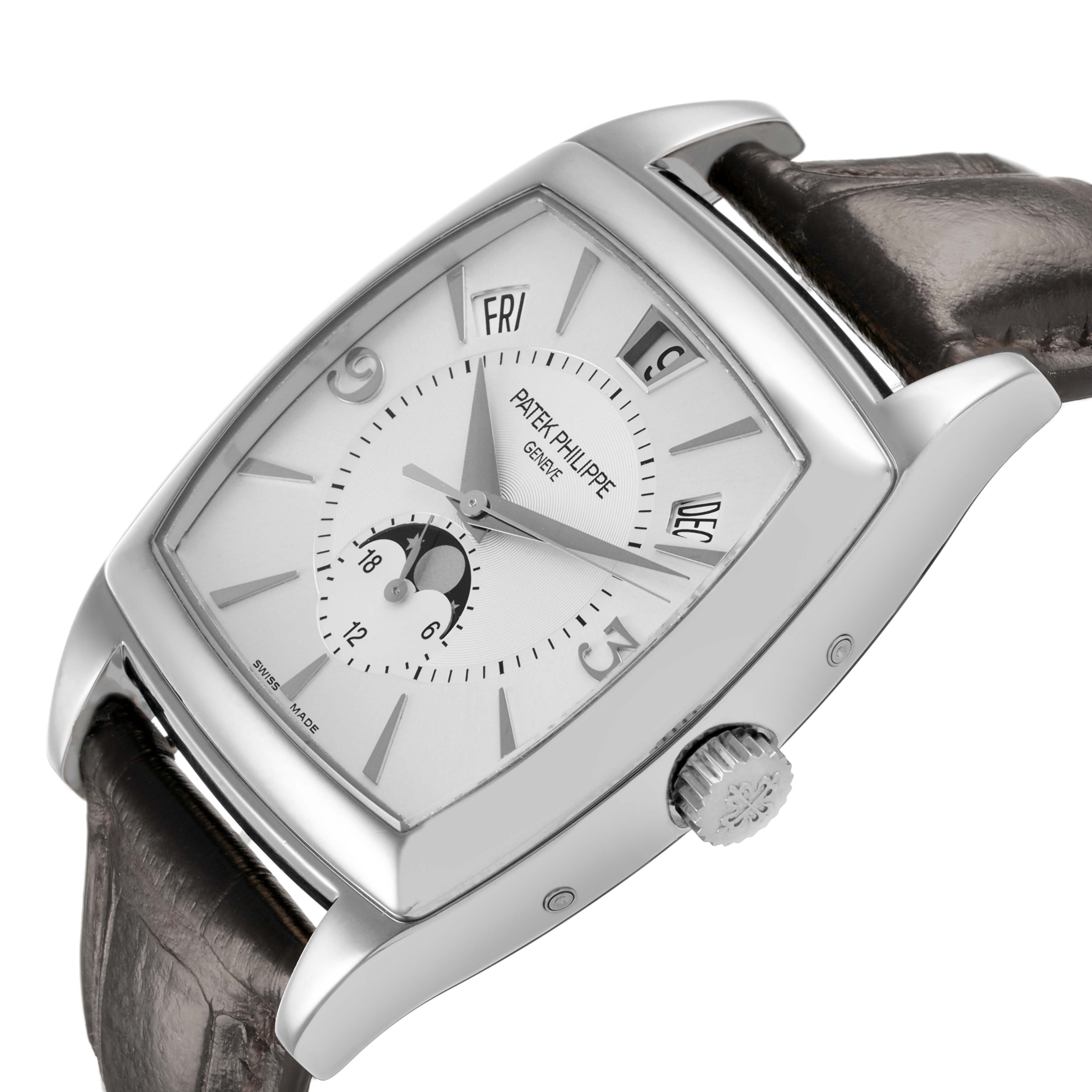 The Patek Philippe Gondolo Men's White Gold Silver Dial watch is shown at an angled top view, highlighting its dial, crown, and leather strap.