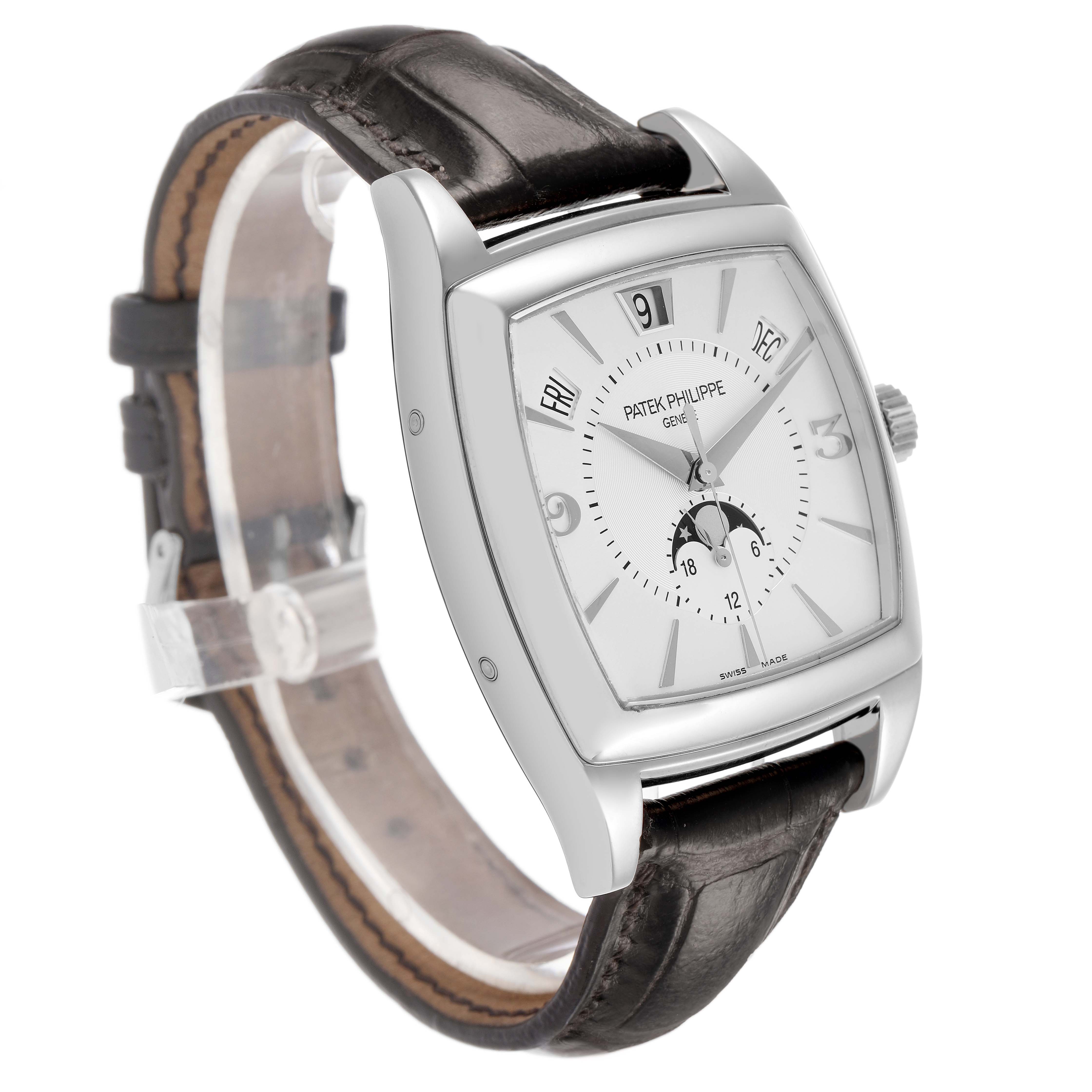 The Patek Philippe Gondolo Men's White Gold Silver Dial watch is shown at a slight angle, displaying its dial, case, strap, and side crown.