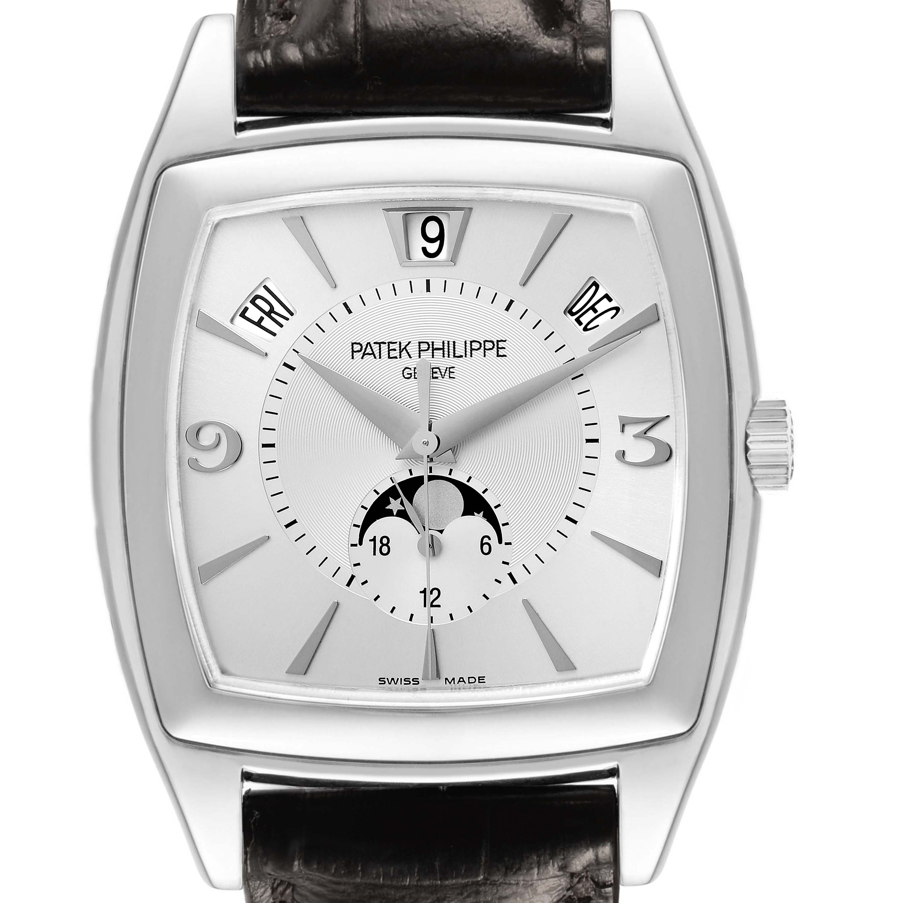 The Patek Philippe Gondolo Men's White Gold Silver Dial watch is shown from the front, displaying its face, dial, and leather strap.