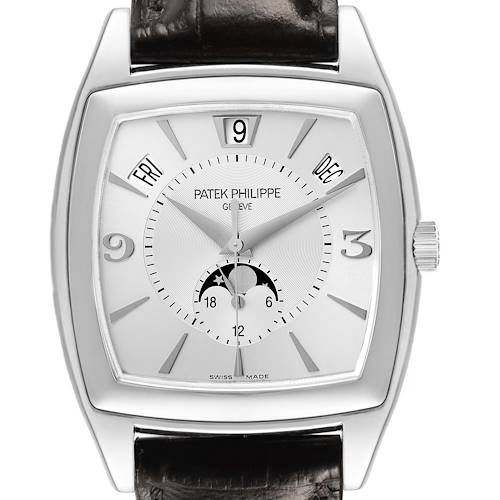 The Patek Philippe Gondolo Men's White Gold Silver Dial watch is shown from the front, highlighting the dial, moon phase, day, date, and month indicators.