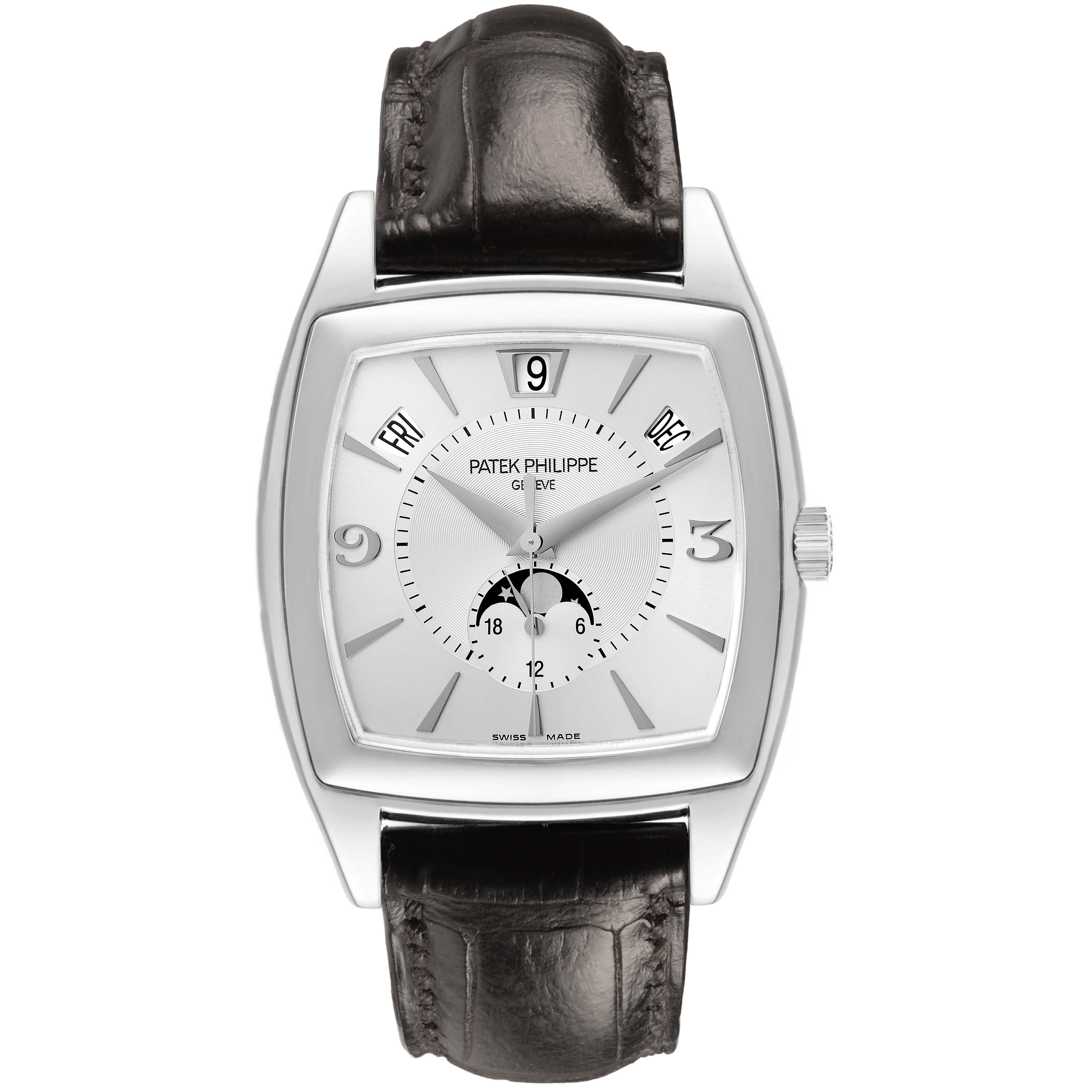 The image shows a frontal view of the Patek Philippe Gondolo Men's White Gold Silver Dial watch, highlighting its dial, case, and leather strap.