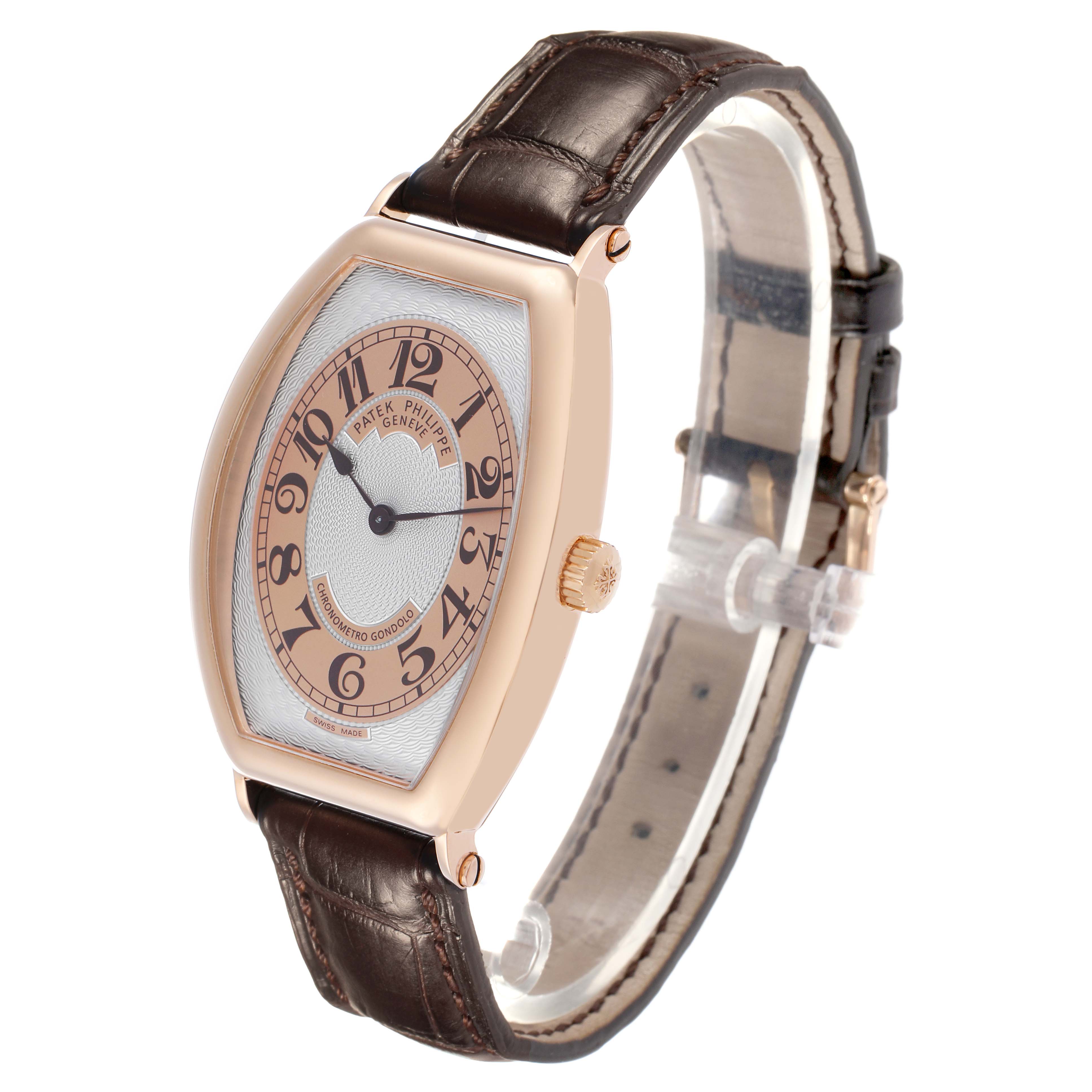 The Patek Philippe Gondolo 5098R Men's Rose Gold Silver Dial watch is shown at a three-quarter angle, highlighting the dial, case, crown, and leather strap.