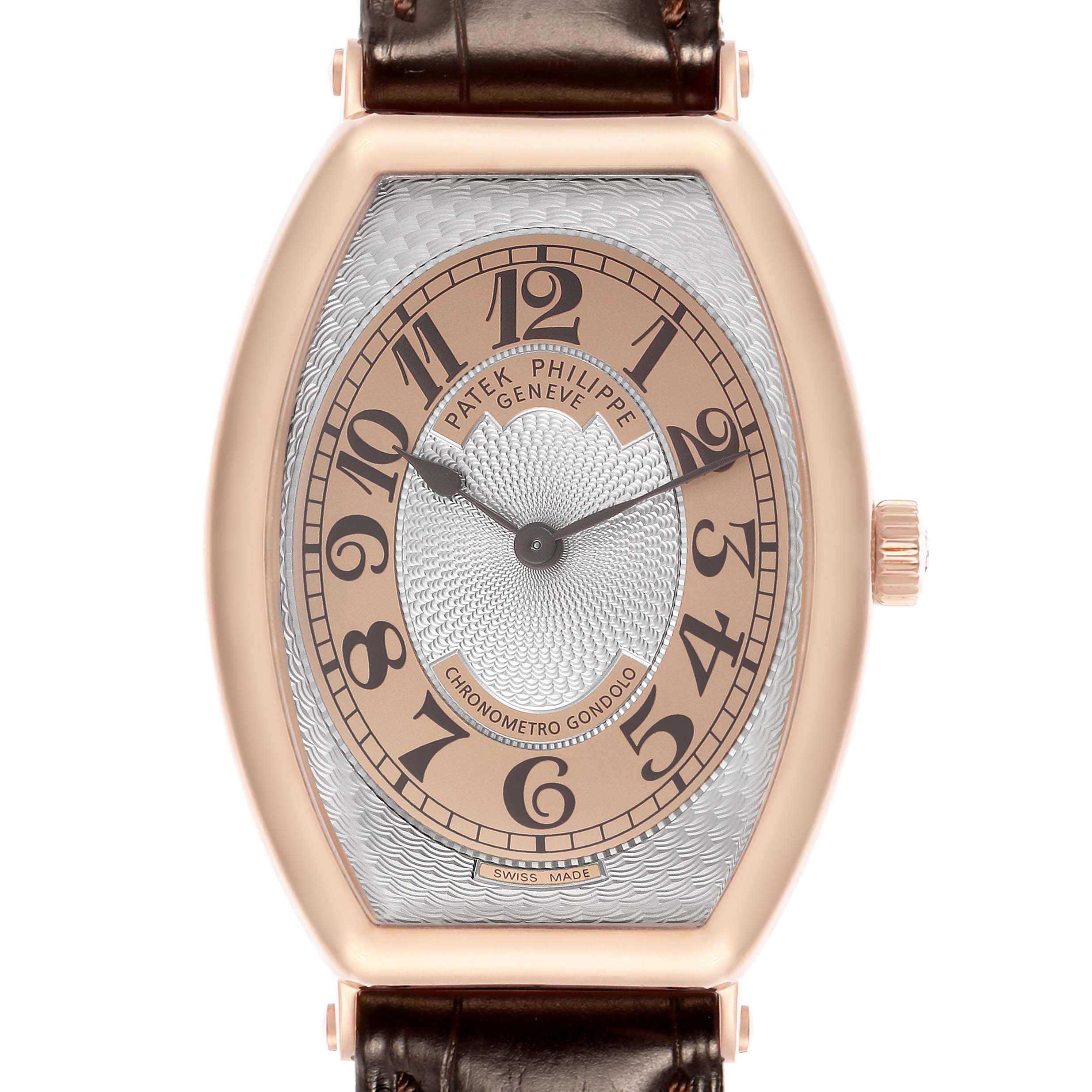 The Patek Philippe Gondolo 5098R Men's Rose Gold Silver Dial watch is shown from a front angle, highlighting its face, case, and crown.