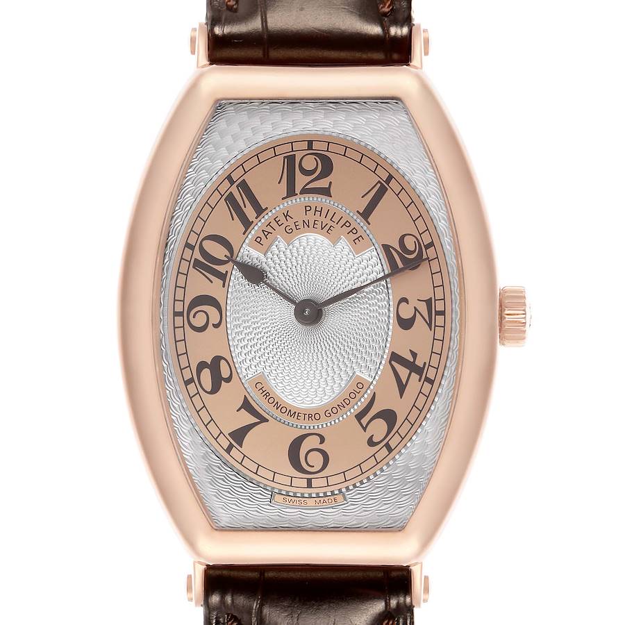 The Patek Philippe Gondolo 5098R Men's Rose Gold Silver Dial watch is shown from a front angle, highlighting its face, case, and crown.