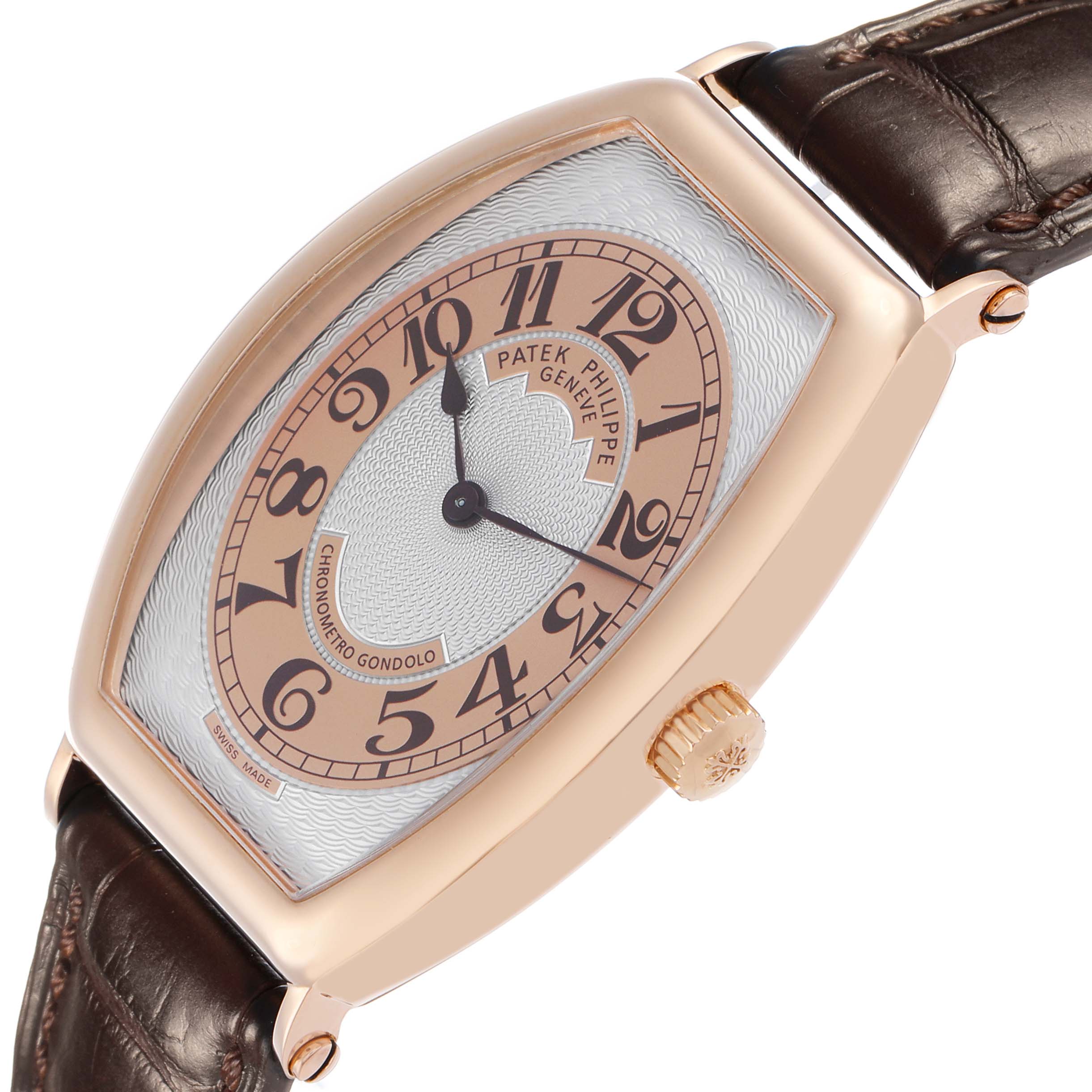 The Patek Philippe Gondolo 5098R Men's Rose Gold Silver Dial watch is shown at a slight side angle, highlighting the dial, case, crown, and leather strap.