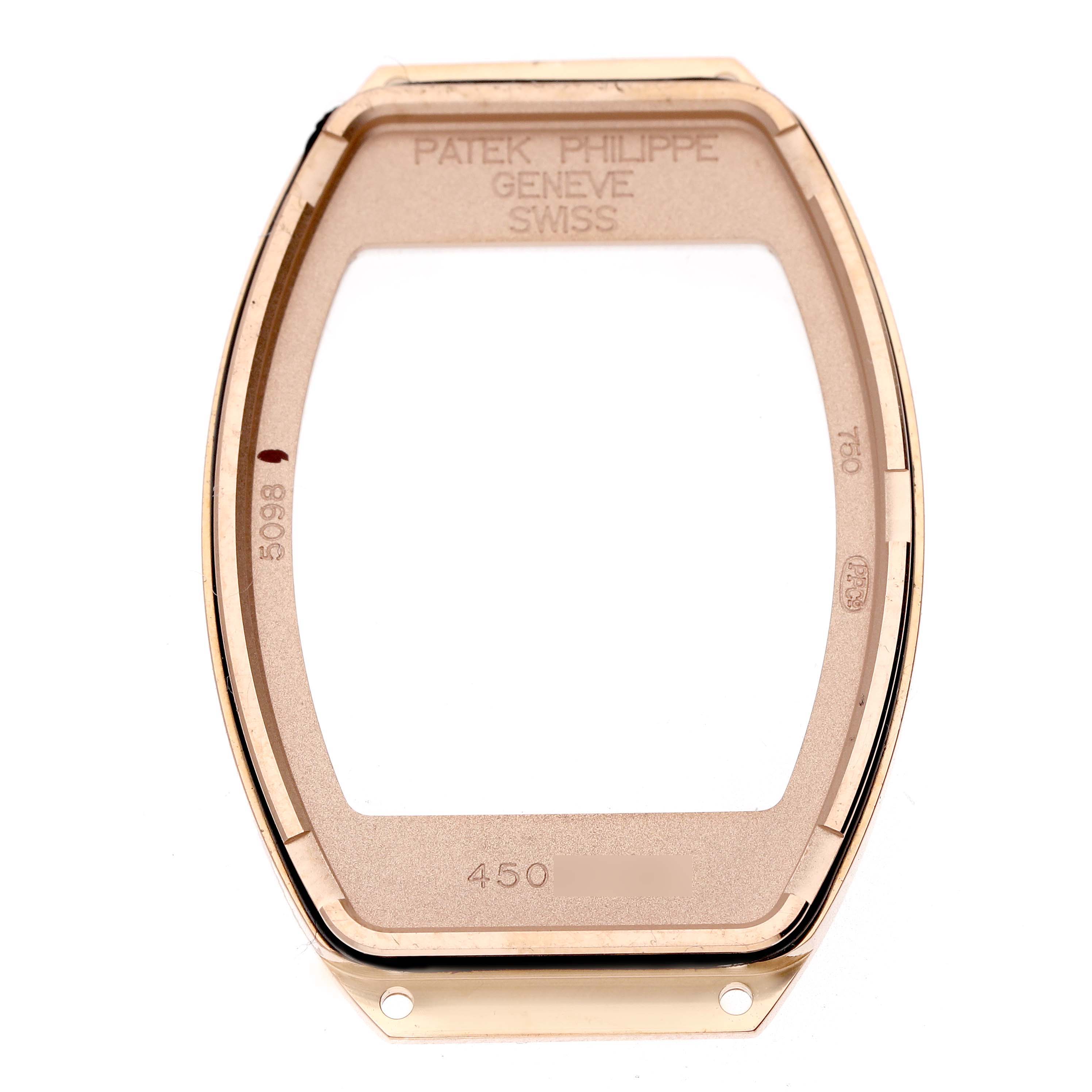 The image shows a gold case frame for a Patek Philippe Gondolo 5098R Men's Rose Gold Silver Dial watch, viewed from the top.