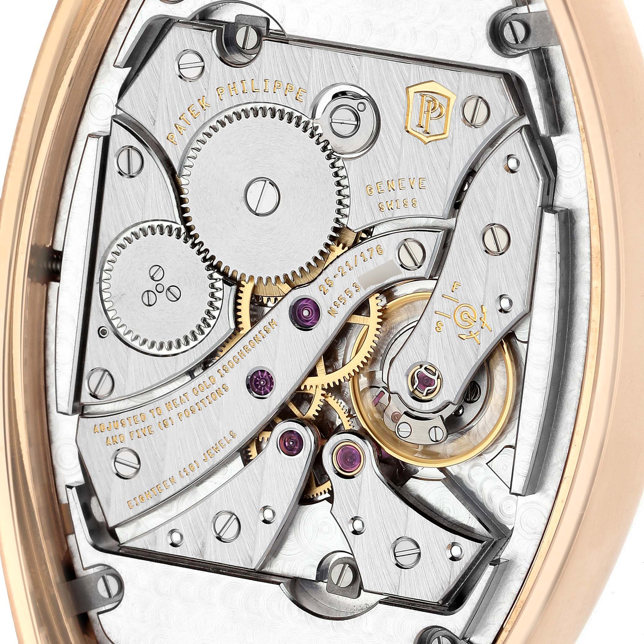 The image shows the Patek Philippe Gondolo 5098R Men's Rose Gold Silver Dial watch movement, focusing on its intricate gears and mechanical details from the back.