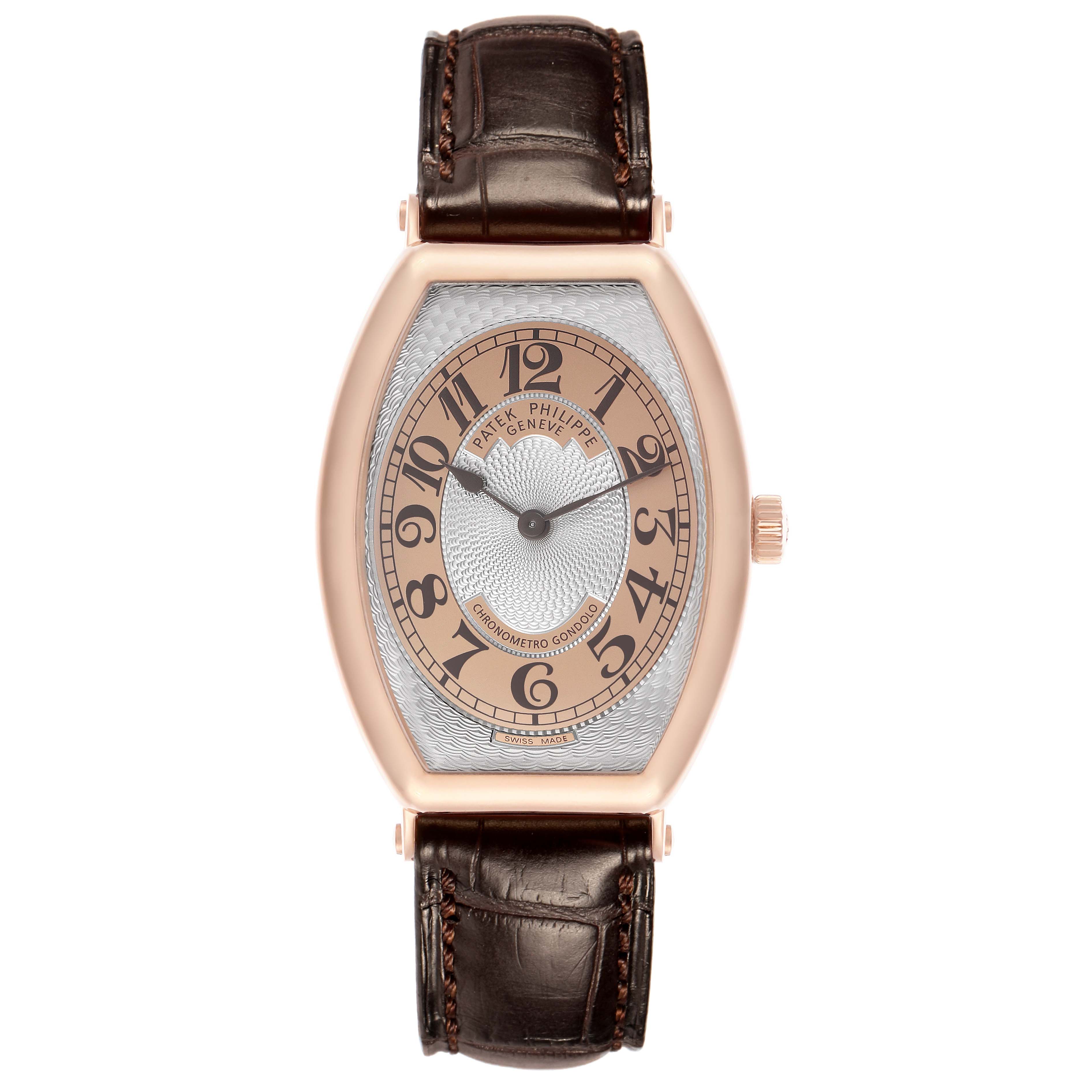 The Patek Philippe Gondolo 5098R Men's Rose Gold Silver Dial watch is shown from a top-down angle, displaying the entire face and leather strap.