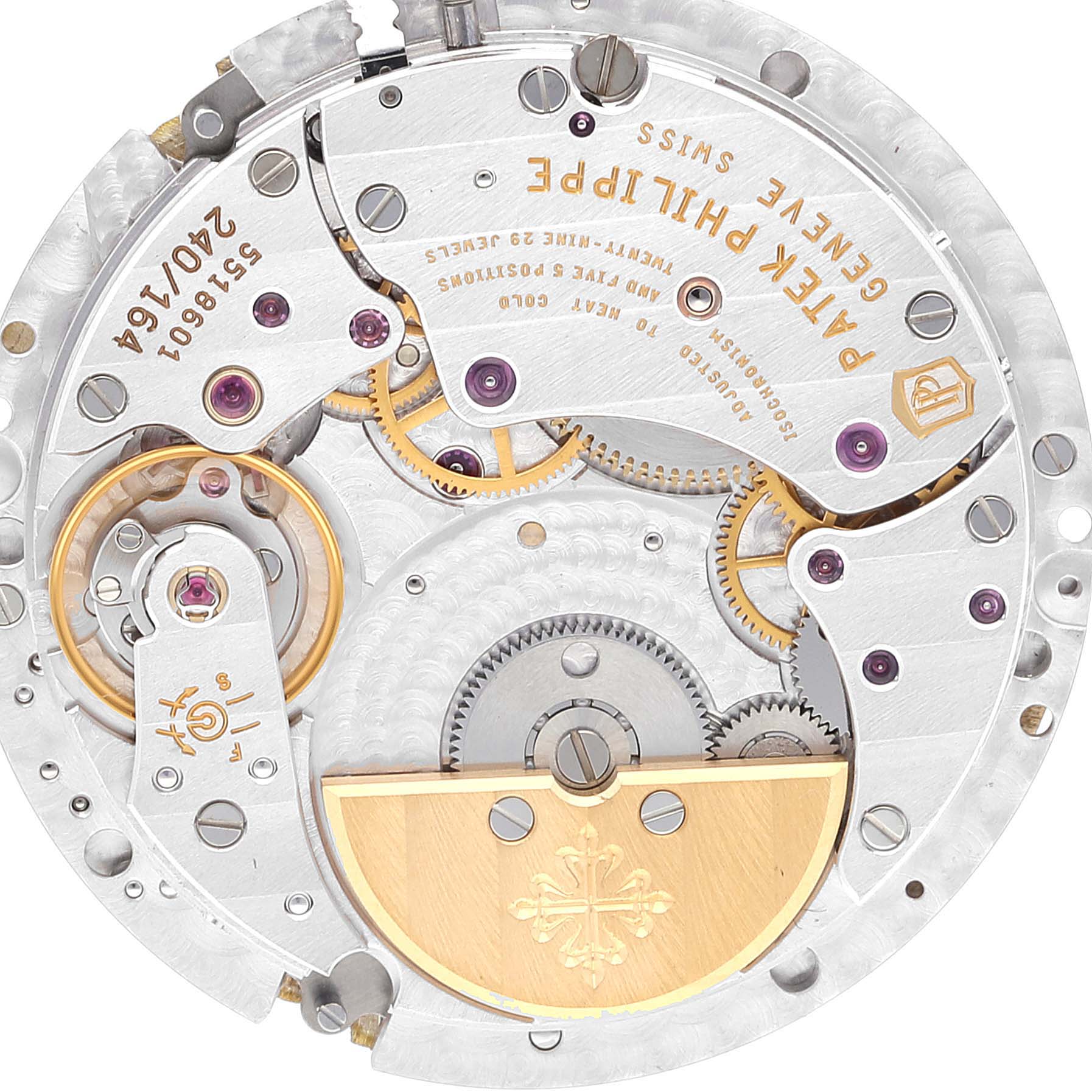 This image shows an overhead view of the intricate movement mechanism inside a Patek Philippe Nautilus 5712/1A-001 Men
s Stainless Steel Blue Dial 5712/1A-001 Men
s Stainless Steel Blue Dial watch.