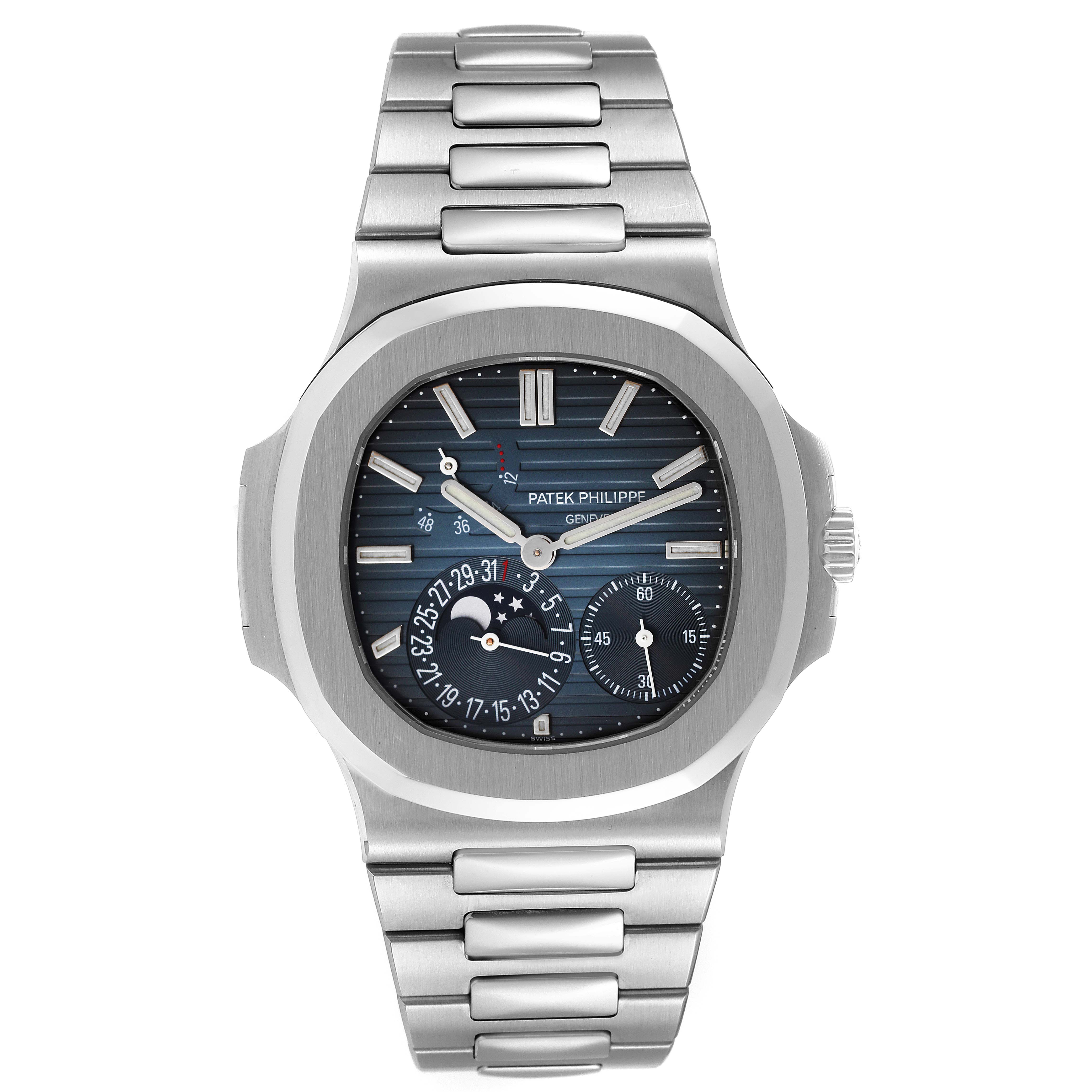 This image shows a front view of the Patek Philippe Nautilus 5712/1A-001 Men
s Stainless Steel Blue Dial 5712/1A-001 Men
s Stainless Steel Blue Dial watch displaying its blue dial and stainless steel bracelet.