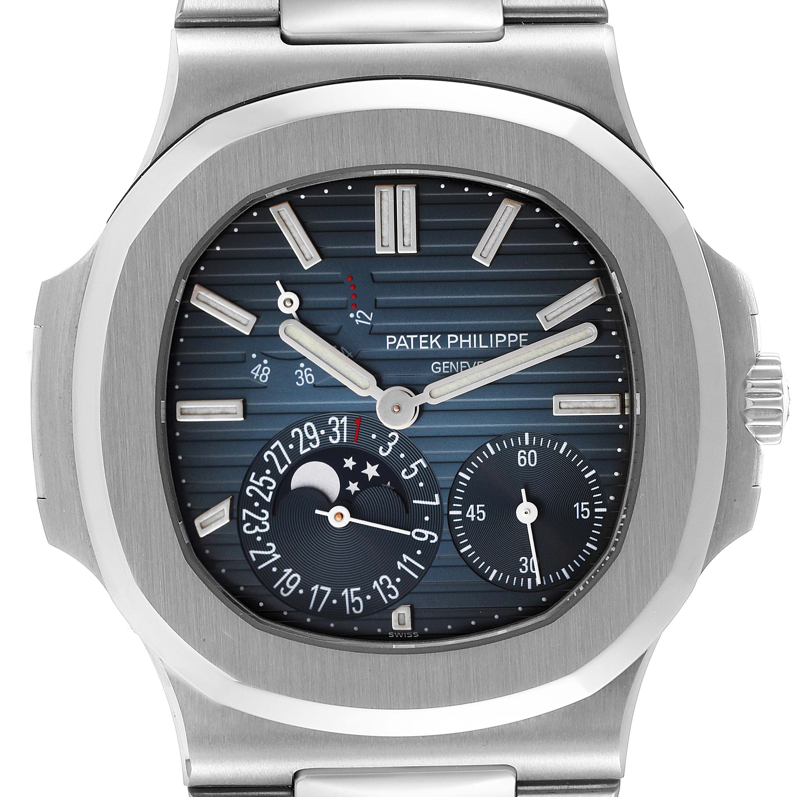 This image shows the front view of a Patek Philippe Nautilus 5712/1A-001 Men
s Stainless Steel Blue Dial 5712/1A-001 Men
s Stainless Steel Blue Dial watch, highlighting its dial, subdials, and bezel.