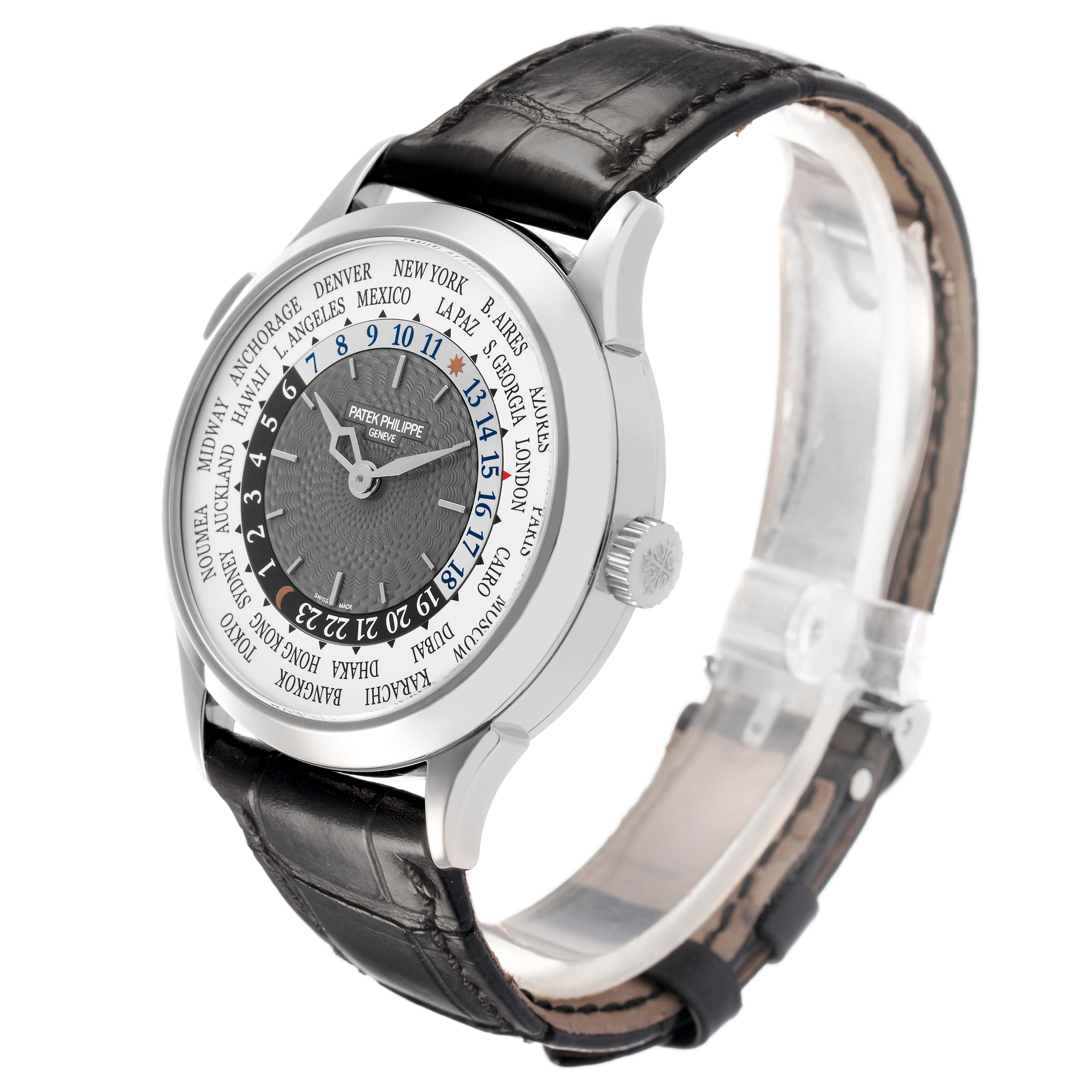 The Patek Philippe Complications 5230G-001 Men's White Gold Grey Dial watch is shown from a three-quarter angle, displaying the face, crown, and strap.