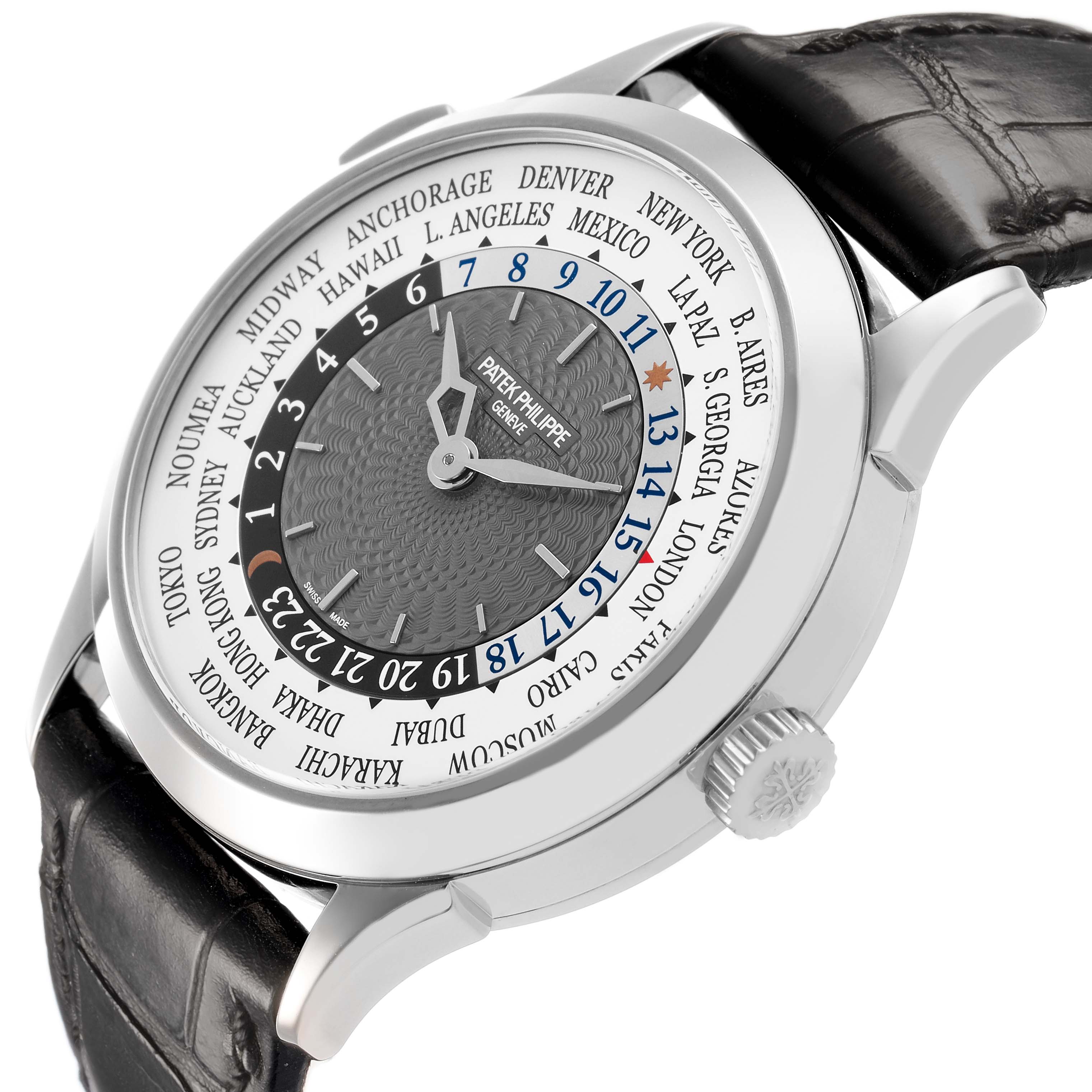 The image shows a Patek Philippe Complications 5230G-001 Men's White Gold Grey Dial watch from a side angle, highlighting its dial, case, and leather strap.