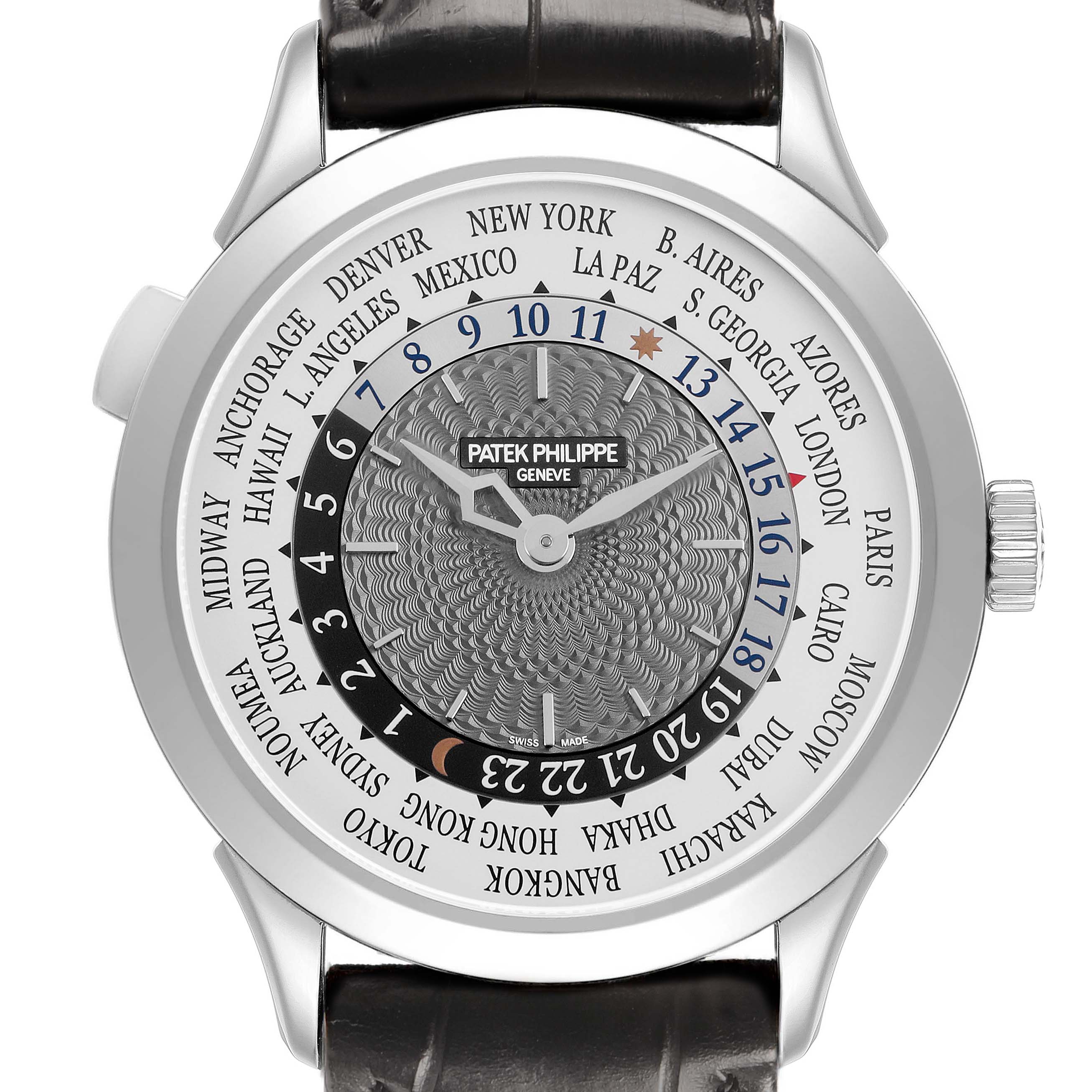 The image shows a front view of the Patek Philippe Complications 5230G-001 Men's White Gold Grey Dial watch, highlighting its intricate dial and world time display.