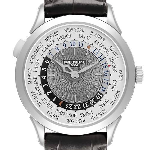 The Patek Philippe Complications 5230G-001 Men's White Gold Grey Dial watch is shown from a frontal angle, highlighting the intricate dial and world time feature.
