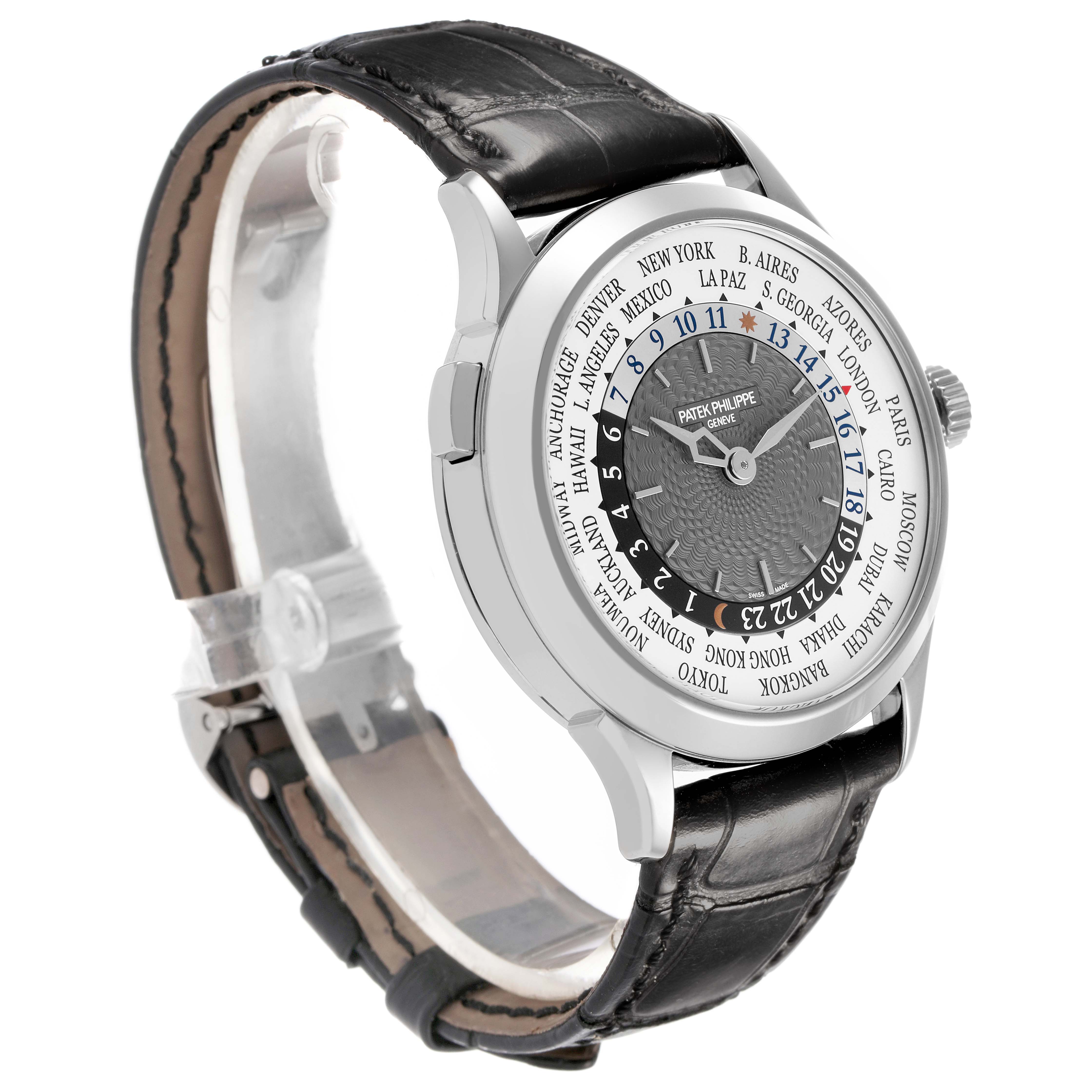 The Patek Philippe Complications 5230G-001 Men's White Gold Grey Dial watch is shown at a three-quarter angle, highlighting its face, bezel, and leather strap.