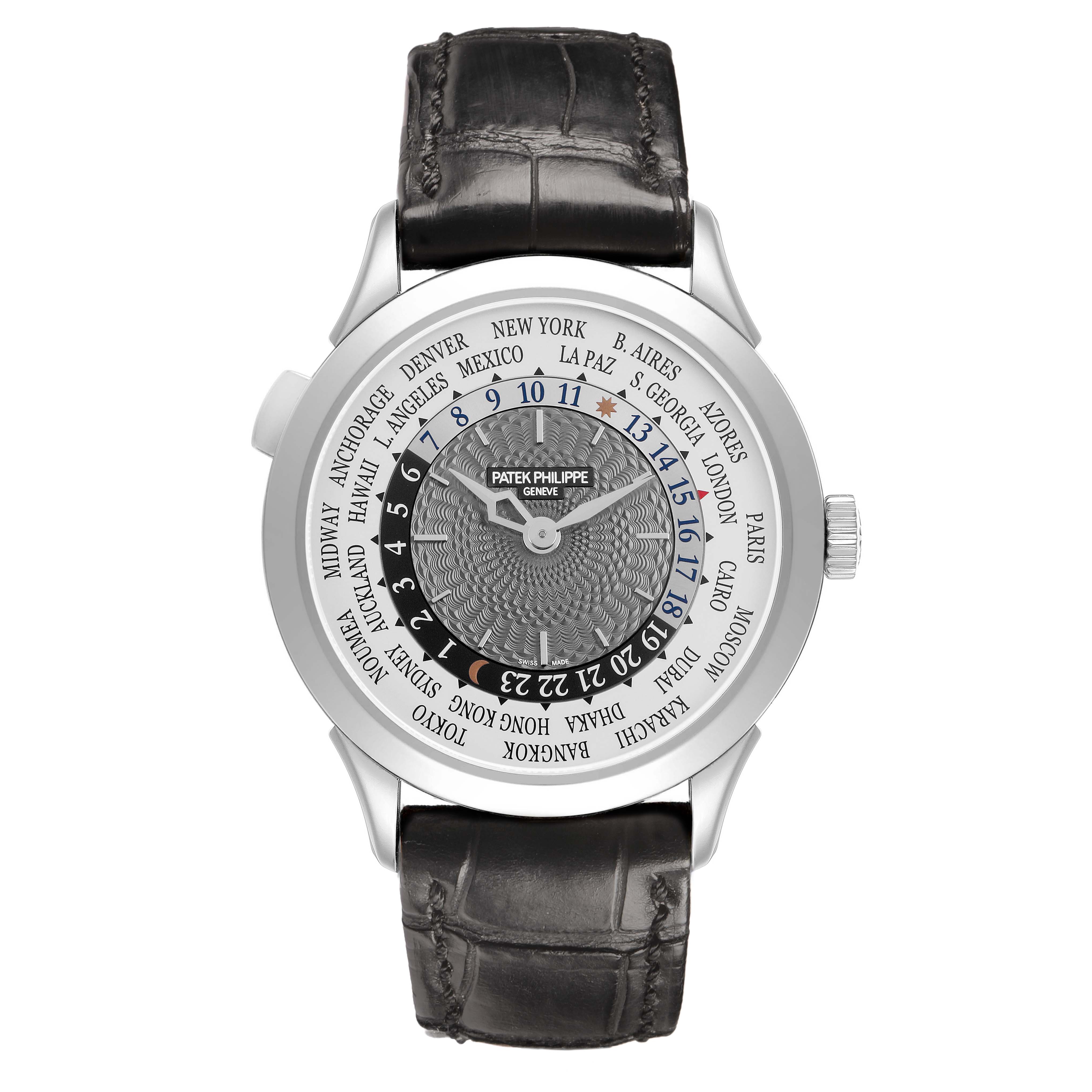 The Patek Philippe Complications 5230G-001 Men's White Gold Grey Dial watch is shown from a top-down angle, highlighting its dial, bezel, and leather strap.