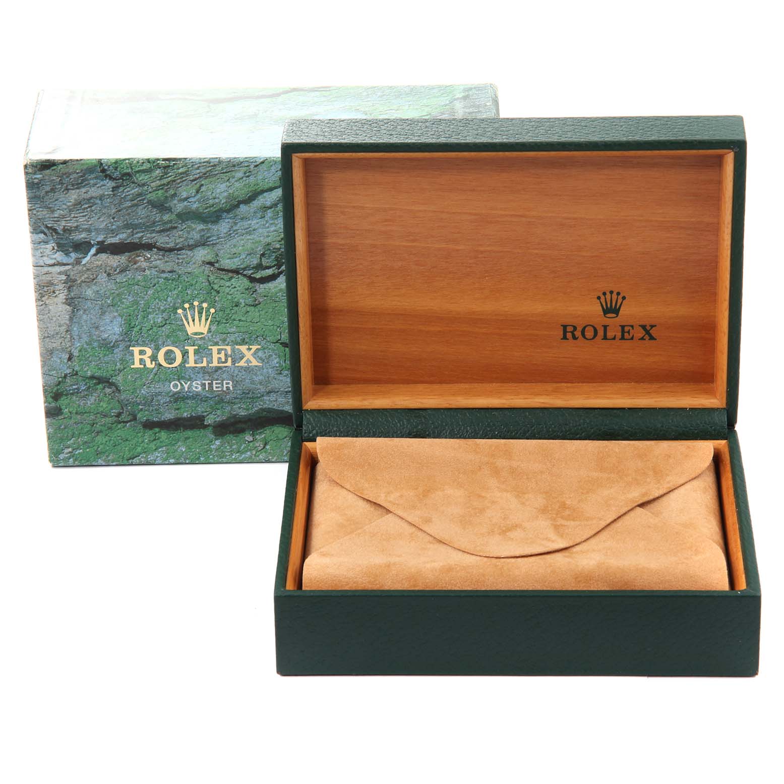 The image shows the protective box and inner leather pouch for a Rolex Air-King 14010 Men's Stainless Steel Black Dial 14010 Men's Stainless Steel Black Dial watch, with the box partially open.