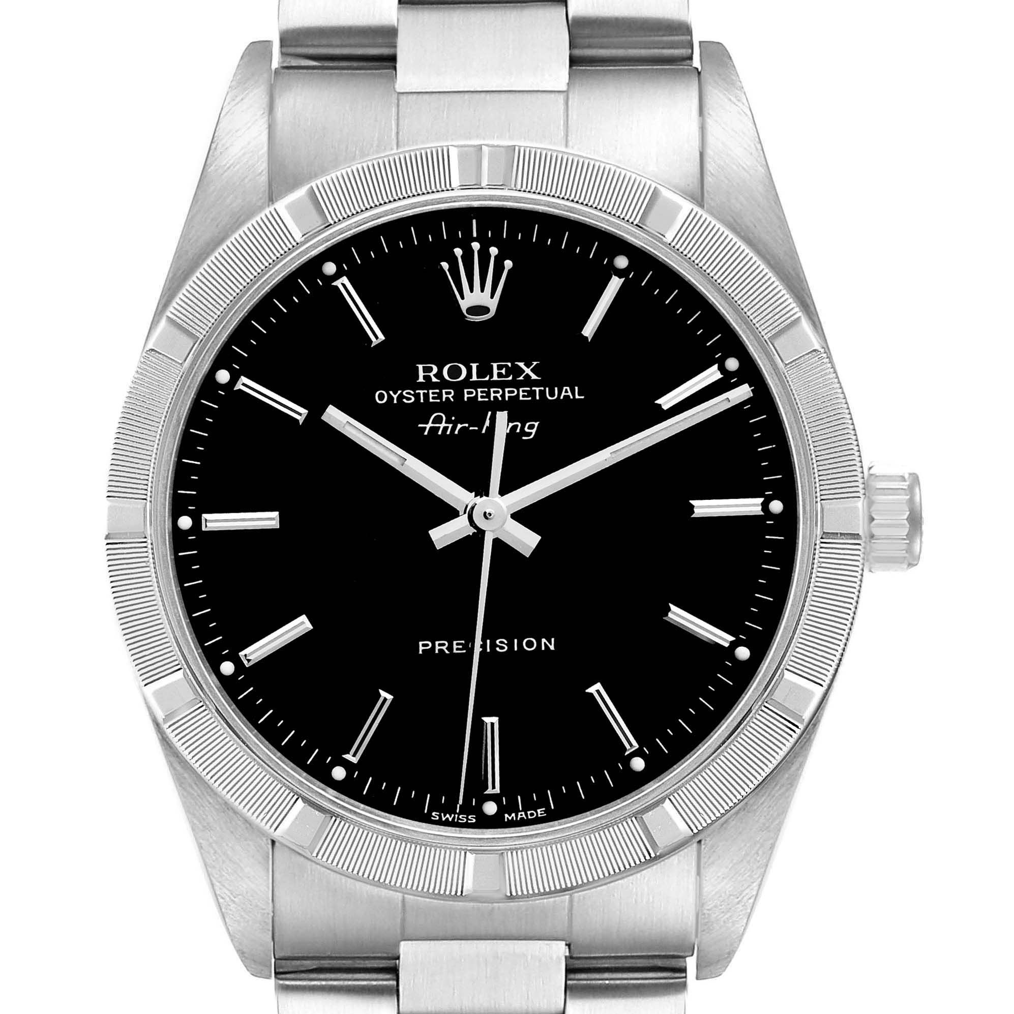 The image shows a front angle of the Rolex Air-King 14010 Men's Stainless Steel Black Dial 14010 Men's Stainless Steel Black Dial watch, displaying its black dial, bezel, crown, and part of its metal bracelet.