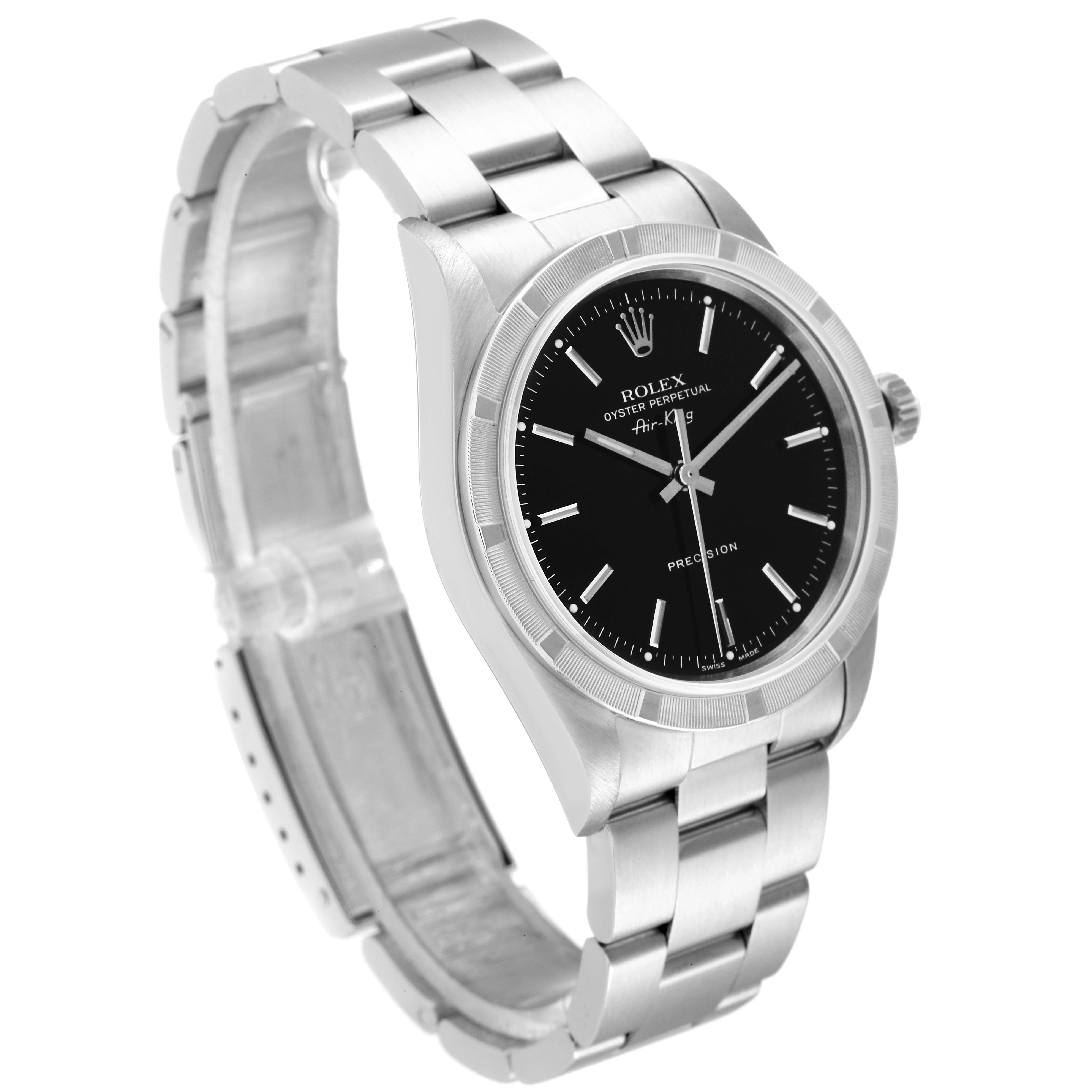 The Rolex Air-King 14010 Men's Stainless Steel Black Dial 14010 Men's Stainless Steel Black Dial is shown at a slight angle from the front and side, displaying its stainless steel bracelet and black dial.