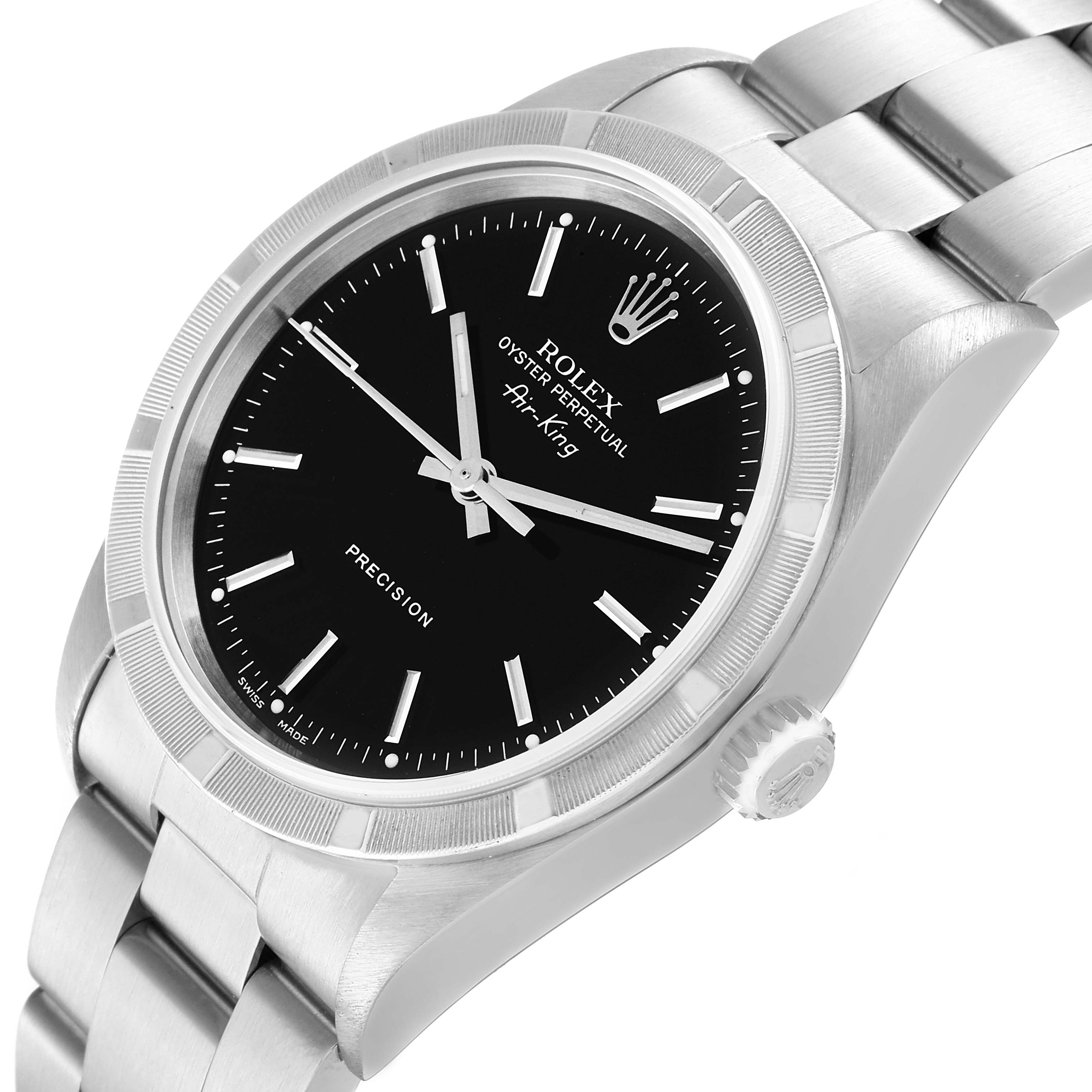 The image shows a Rolex Air-King 14010 Men's Stainless Steel Black Dial 14010 Men's Stainless Steel Black Dial watch from an angled side view, displaying the dial, bezel, crown, and stainless steel bracelet.