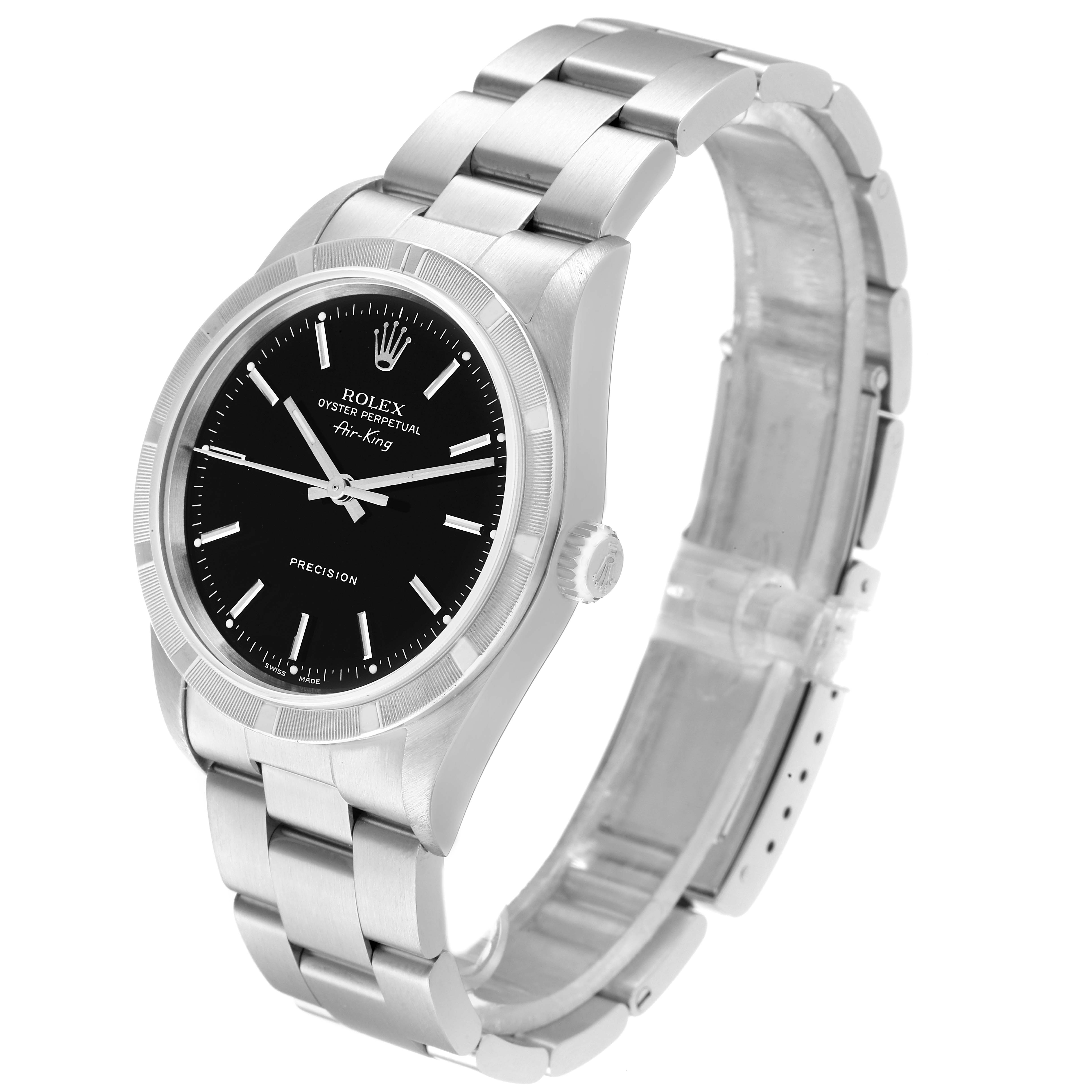 The Rolex Air-King 14010 Men's Stainless Steel Black Dial 14010 Men's Stainless Steel Black Dial watch is shown from a front and side angle, displaying the black dial, crown, and metal bracelet.