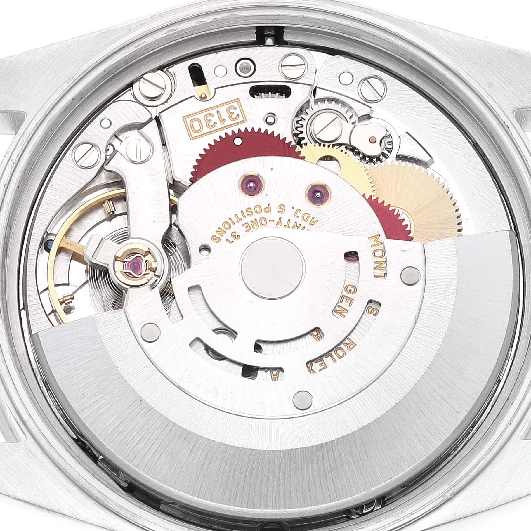 This image shows the internal mechanical movement of the Rolex Air-King 14010 Men's Stainless Steel Black Dial 14010 Men's Stainless Steel Black Dial watch viewed from the back.