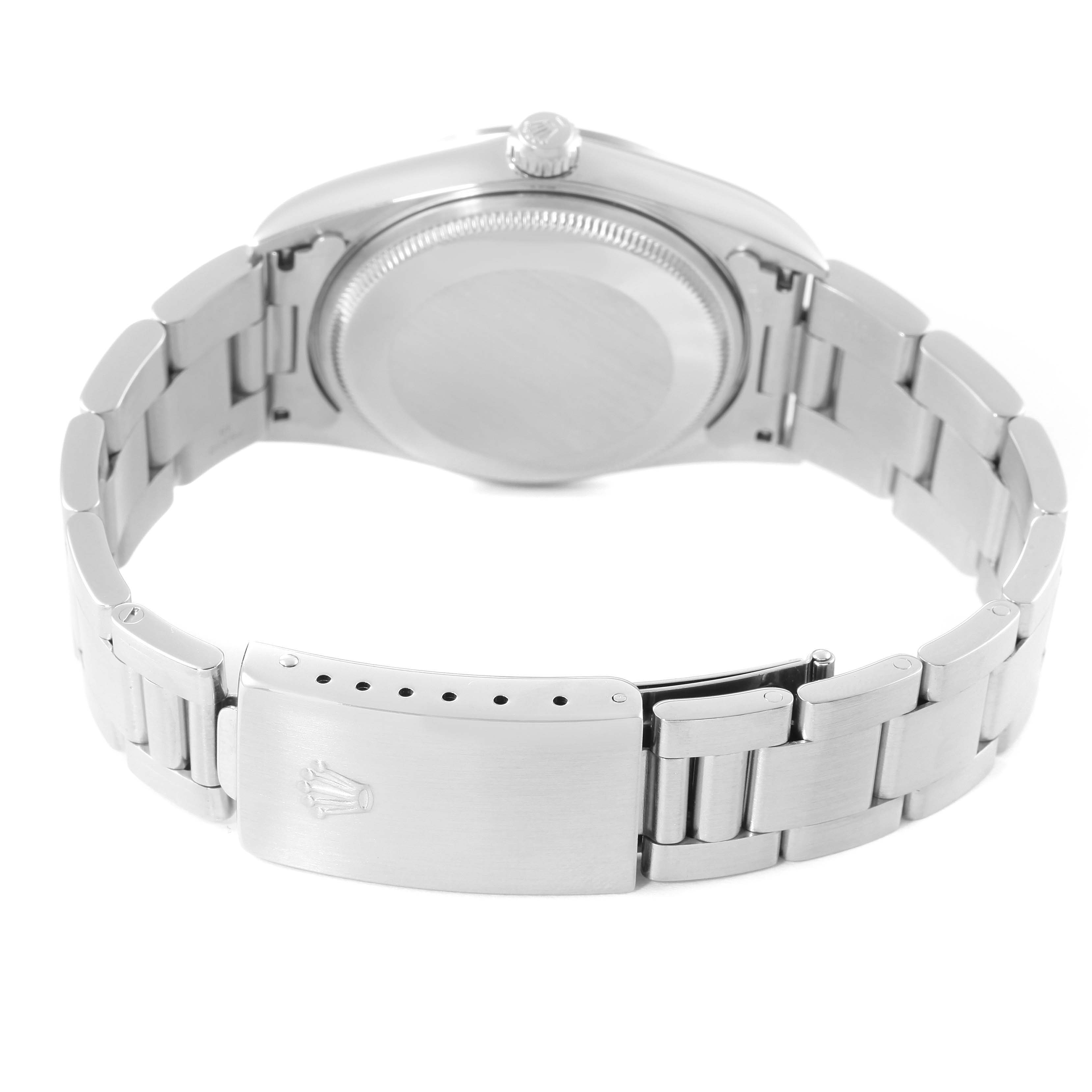 The image shows the back and clasp of the Rolex Air-King 14000 Men's Stainless Steel Blue Dial 14000 Men's Stainless Steel Blue Dial watch.