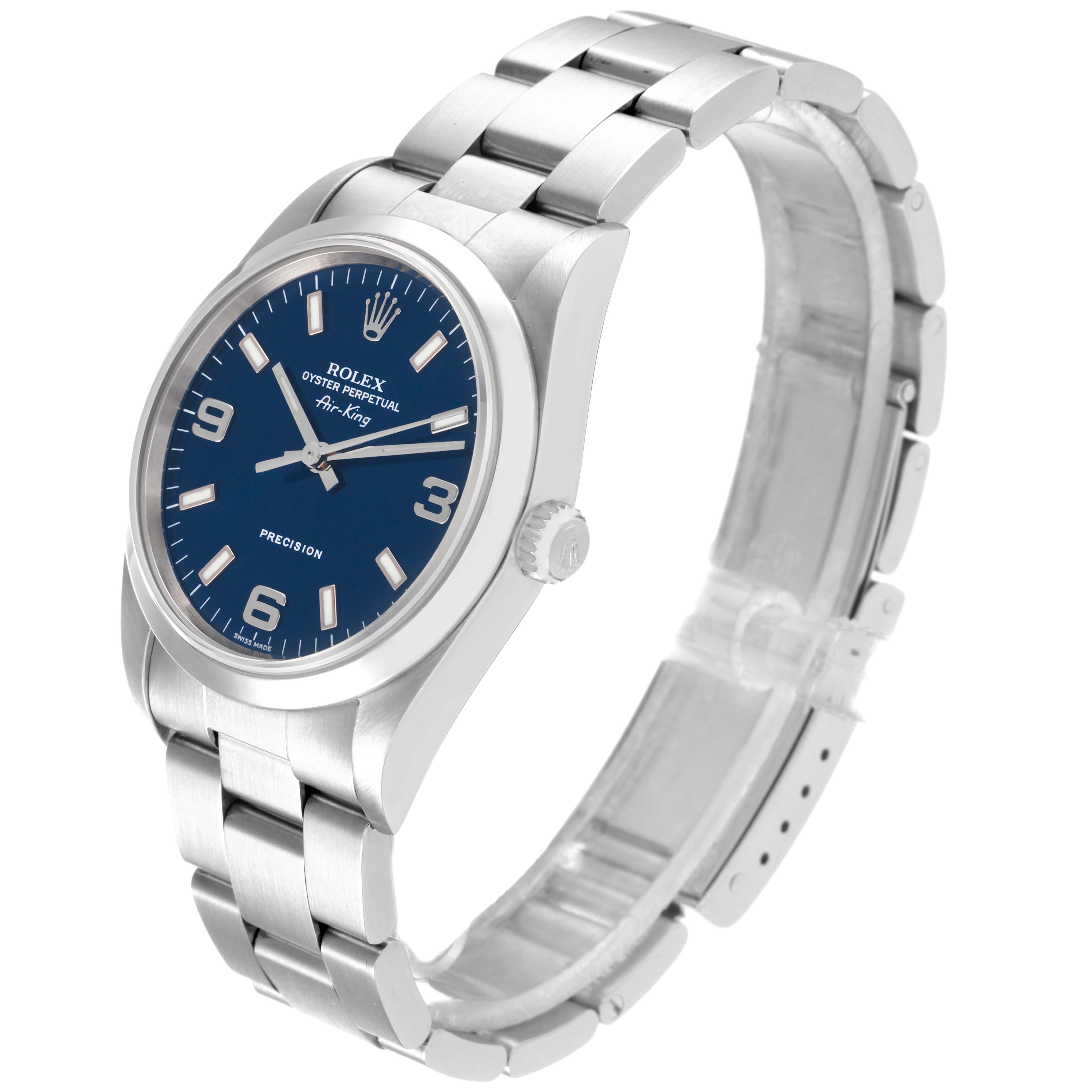 The image shows a side-angle view of a Rolex Air-King 14000 Men's Stainless Steel Blue Dial 14000 Men's Stainless Steel Blue Dial watch, highlighting its blue dial, stainless steel case, and bracelet.