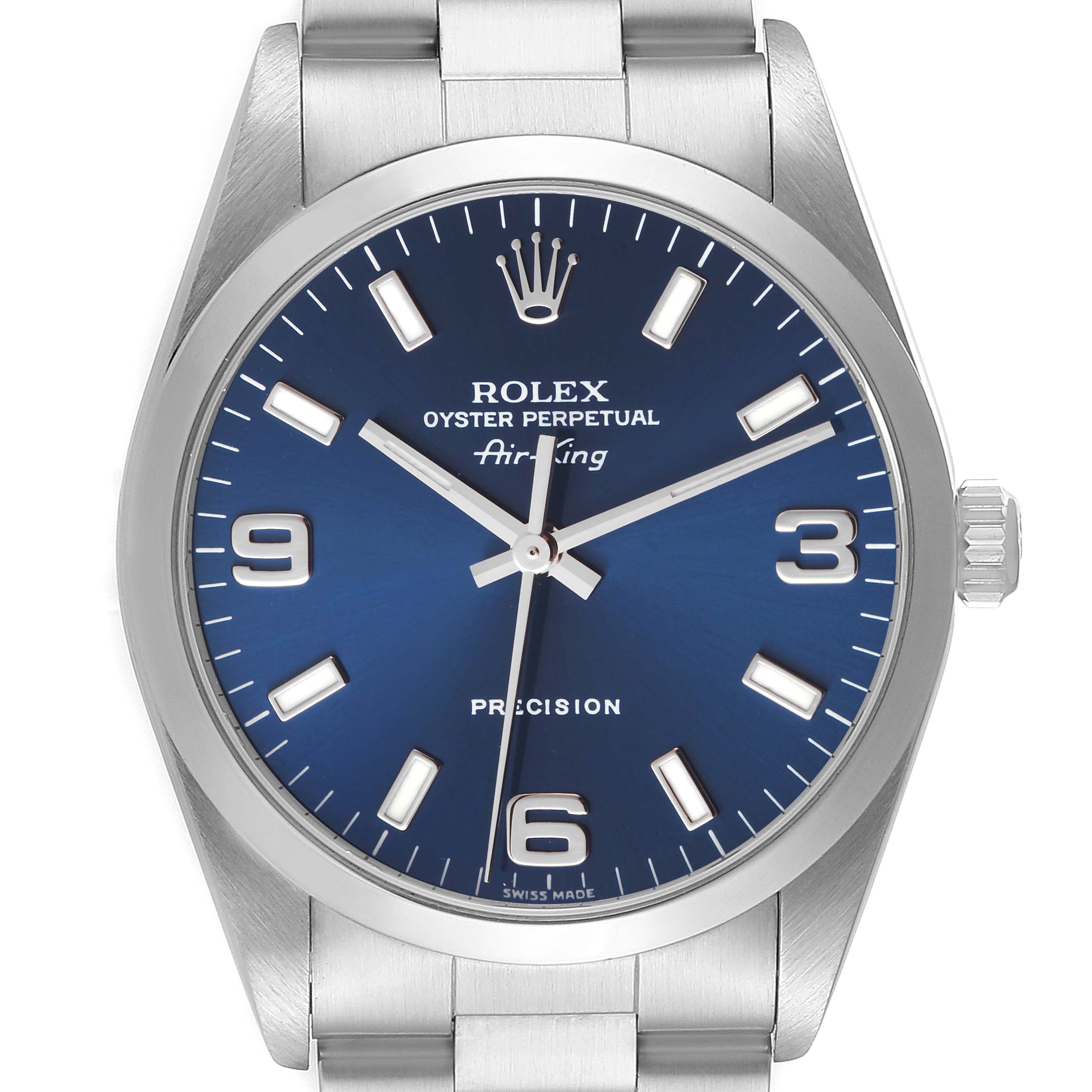 This image shows a front view of the Rolex Air-King 14000 Men's Stainless Steel Blue Dial 14000 Men's Stainless Steel Blue Dial watch, displaying the blue dial, crown, and part of the metal bracelet.