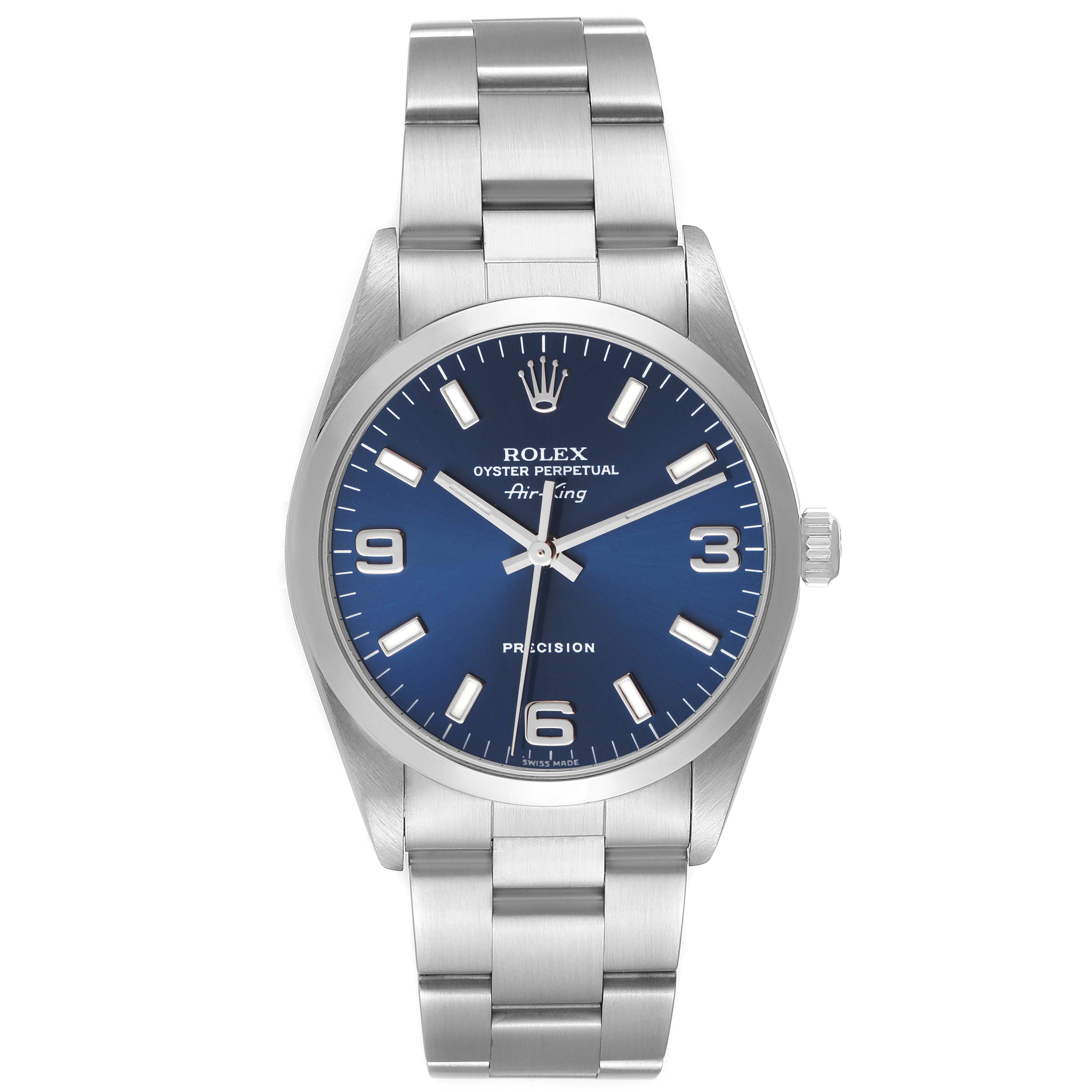 The image shows a front view of a Rolex Air-King 14000 Men's Stainless Steel Blue Dial 14000 Men's Stainless Steel Blue Dial watch, displaying its face and stainless steel bracelet.