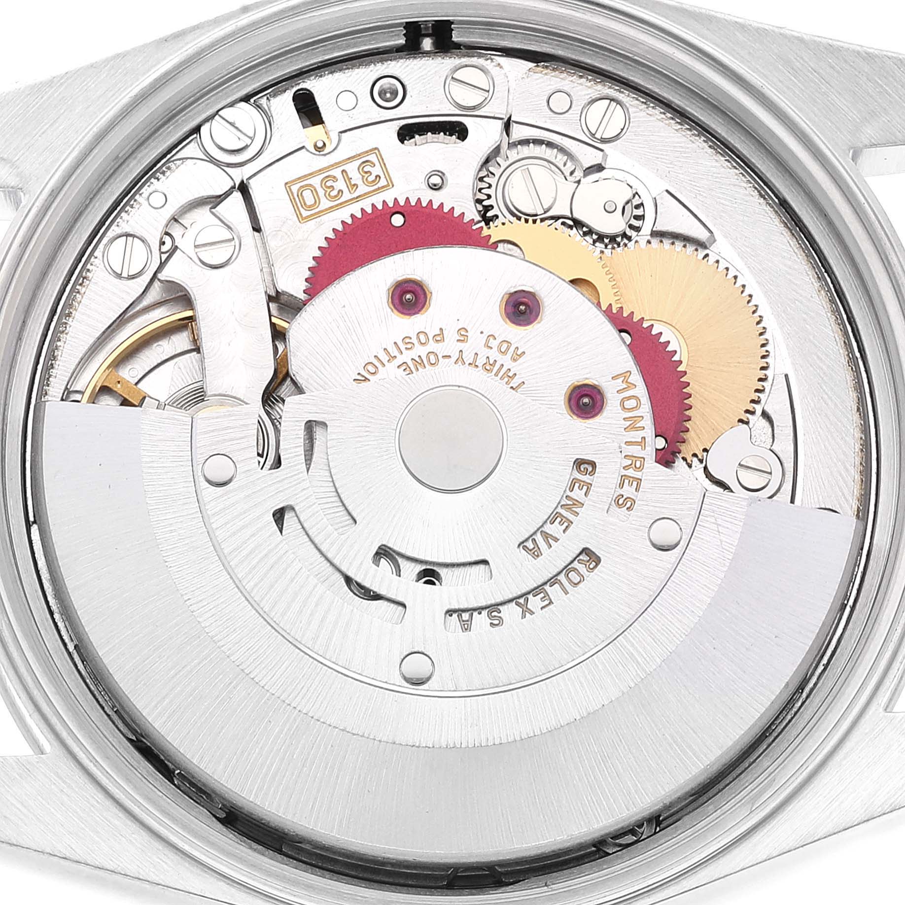 An internal view of the Rolex Air-King 14000 Men's Stainless Steel Blue Dial 14000 Men's Stainless Steel Blue Dial watch showcasing its movement mechanisms and gears.