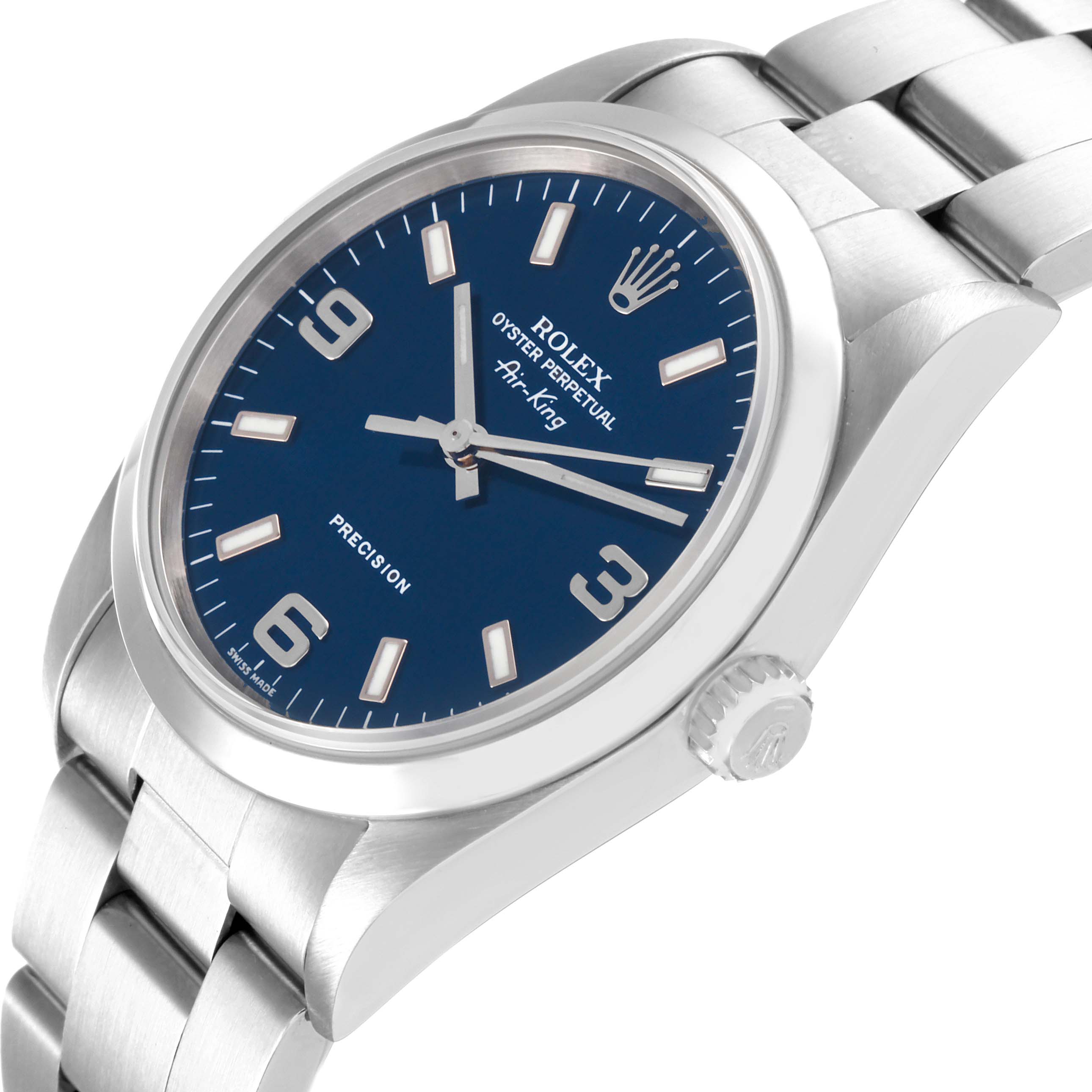 The Rolex Air-King 14000 Men's Stainless Steel Blue Dial 14000 Men's Stainless Steel Blue Dial watch is shown at a slight angle, highlighting the dial, crown, and part of the stainless steel bracelet.