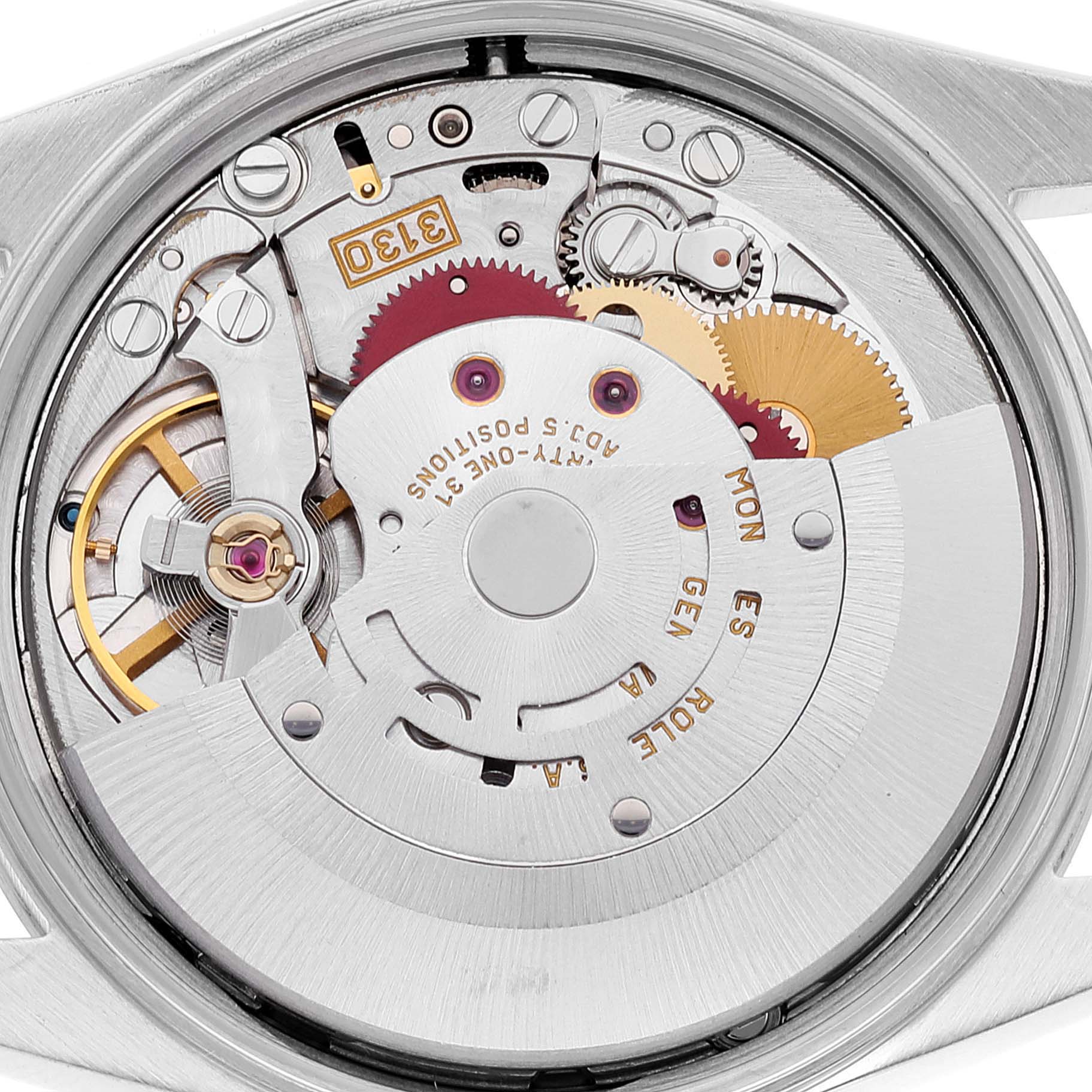 This image shows a close-up of the internal mechanism of the Rolex Air-King 14000M Men's Stainless Steel Black Dial 14000M Men's Stainless Steel Black Dial watch, highlighting its intricate gears and components.