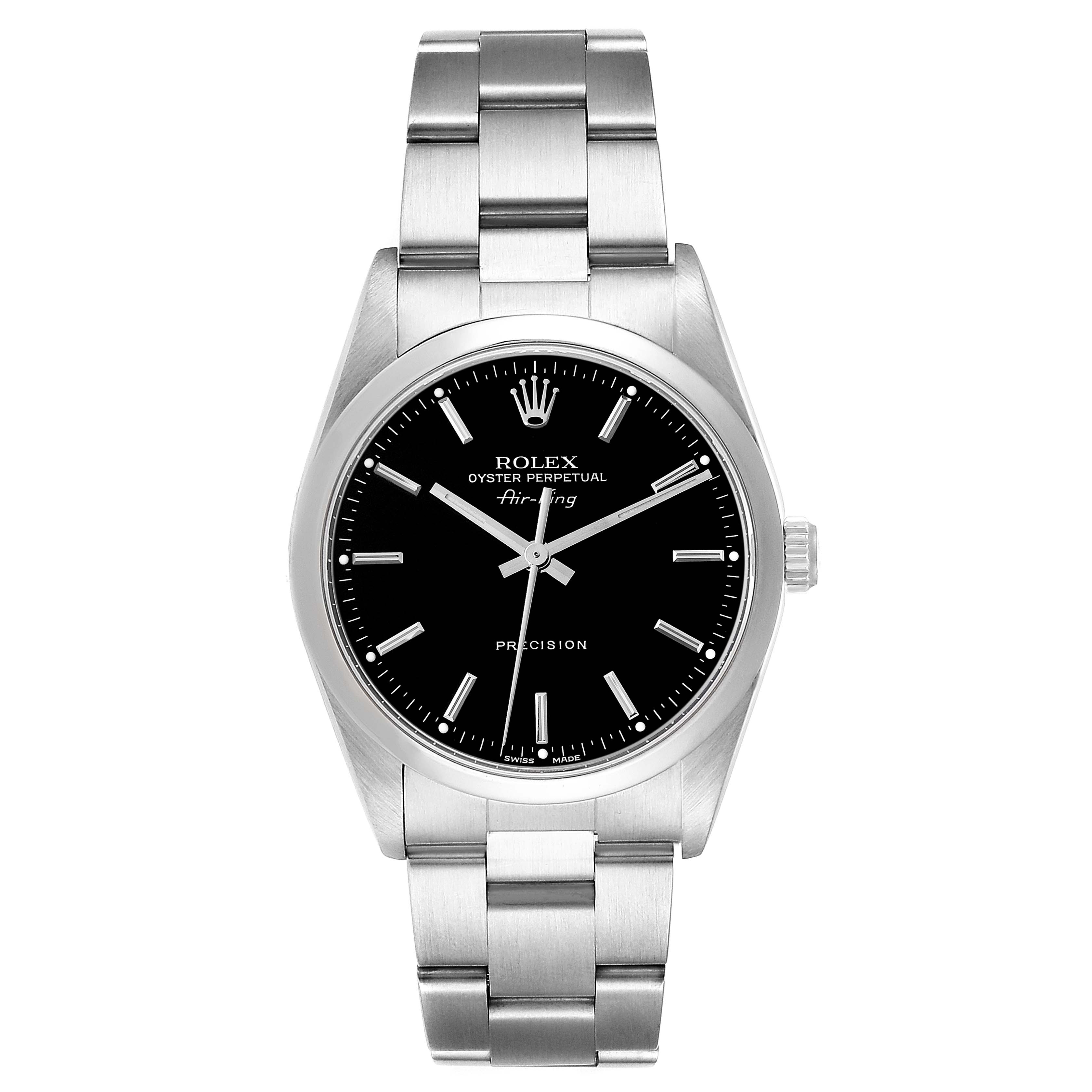 This image shows a front view of a Rolex Air-King 14000M Men's Stainless Steel Black Dial 14000M Men's Stainless Steel Black Dial watch, displaying its face, case, and bracelet.