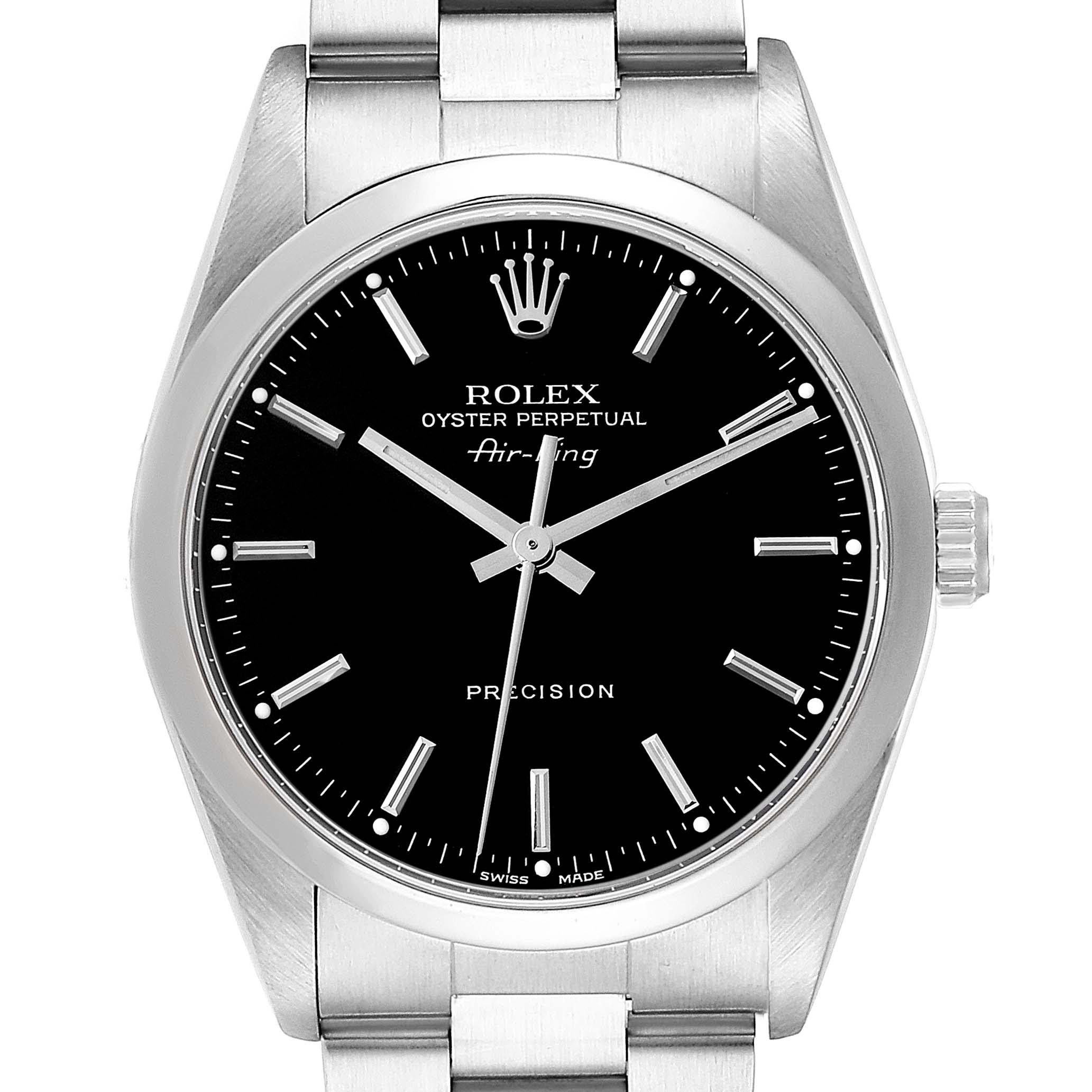 The image shows a front view of a Rolex Air-King 14000M Men's Stainless Steel Black Dial 14000M Men's Stainless Steel Black Dial watch, featuring its black dial, hour markers, hands, and Oyster bracelet.