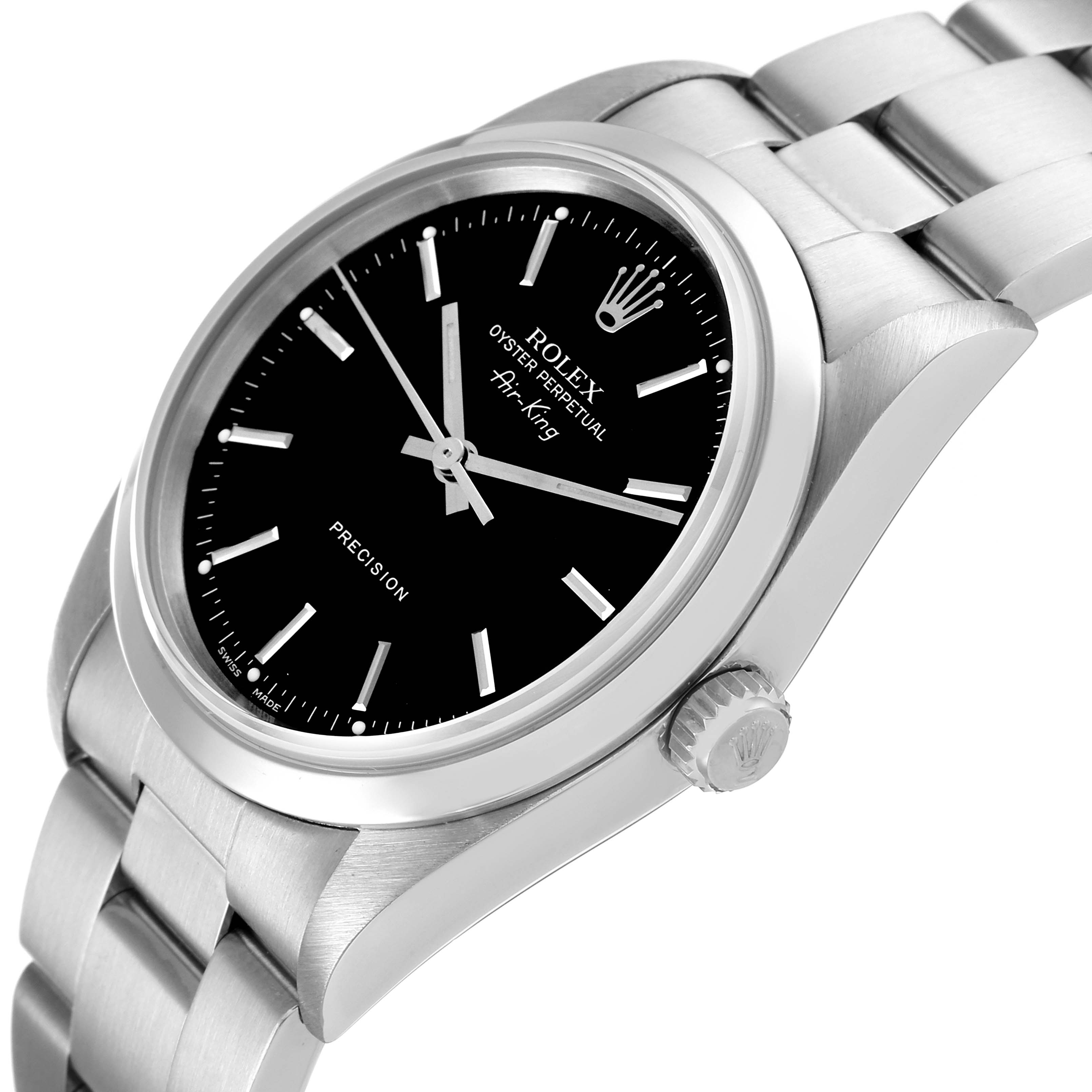 The image shows a Rolex Air-King 14000M Men's Stainless Steel Black Dial 14000M Men's Stainless Steel Black Dial watch at an angled side view, highlighting the dial, crown, and part of the bracelet.