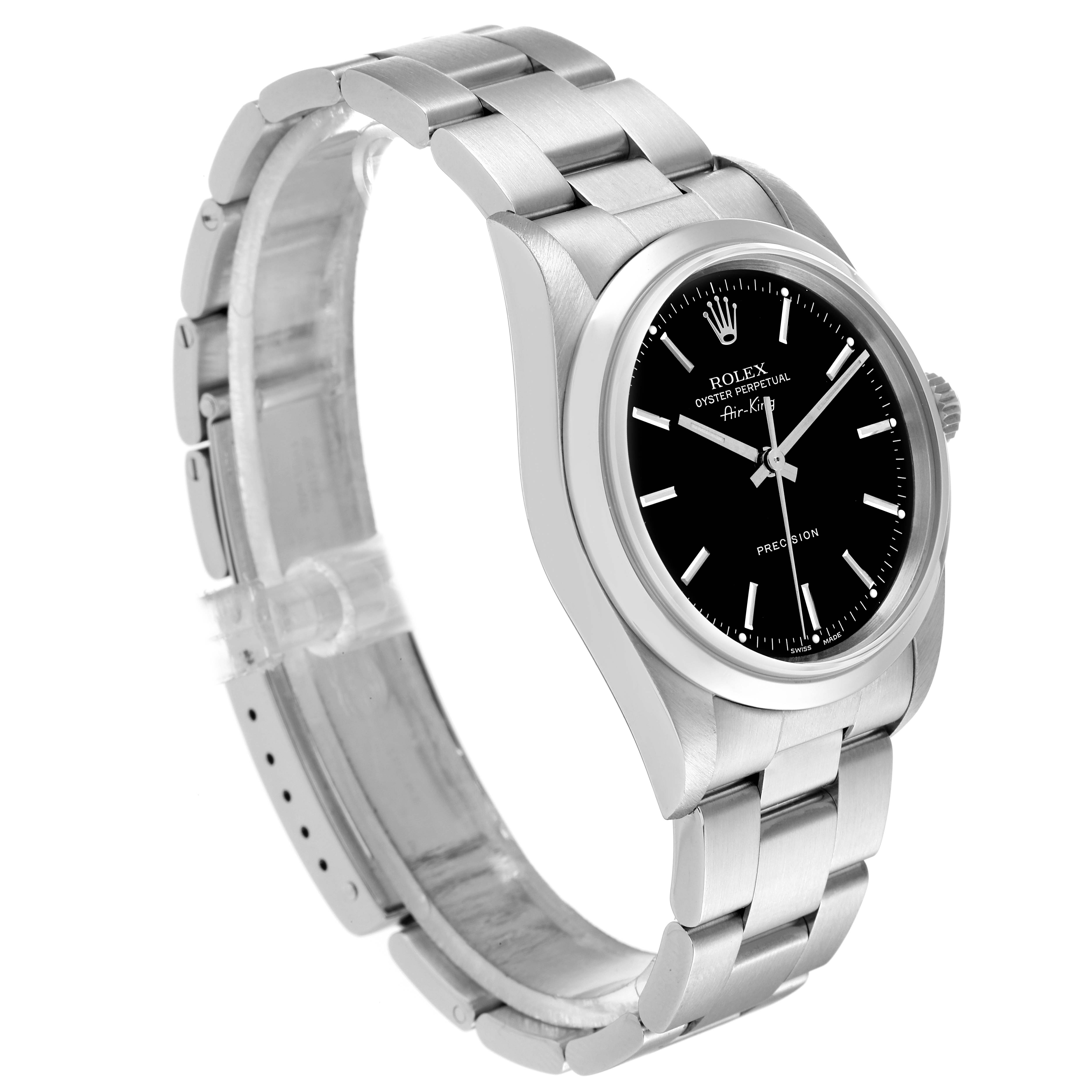 This image shows the Rolex Air-King 14000M Men's Stainless Steel Black Dial 14000M Men's Stainless Steel Black Dial watch at a three-quarter angle, highlighting the case, bracelet, and black dial.