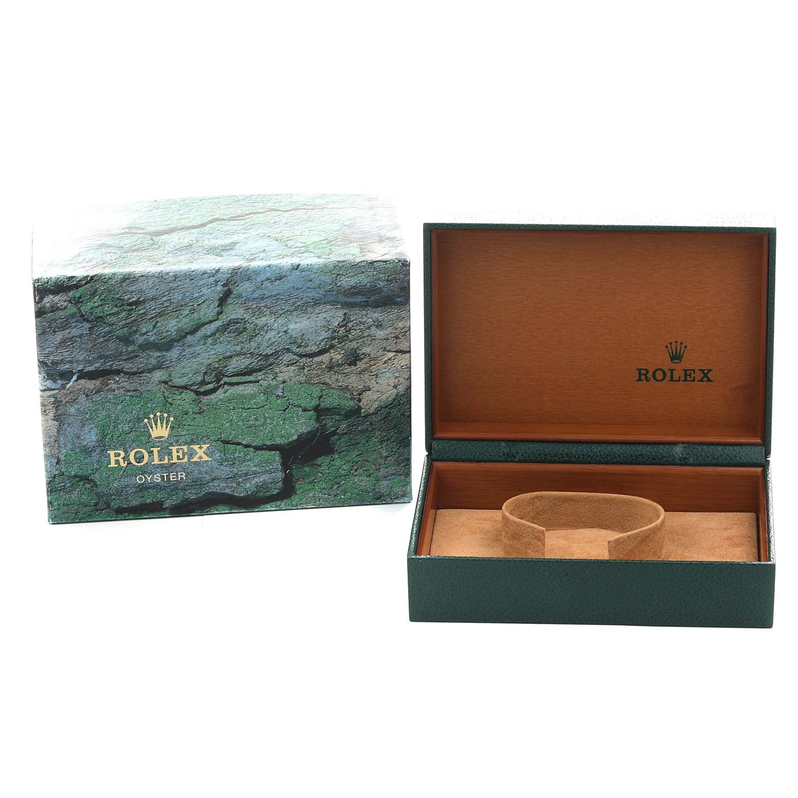 The image shows an open Rolex Air-King 14000 Men's Stainless Steel Black Dial watch box and its outer packaging at a front angle.