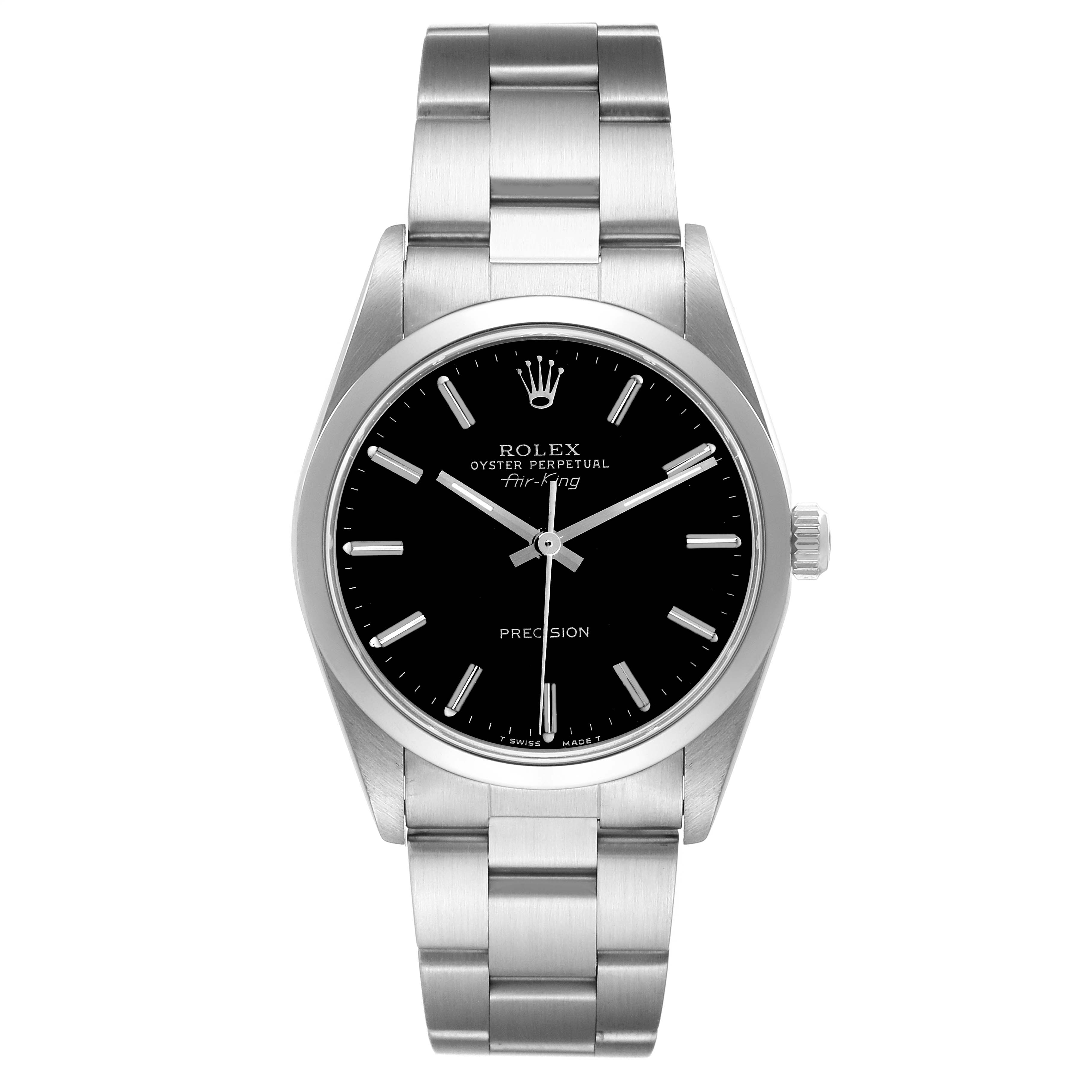 The Rolex Air-King 14000 Men's Stainless Steel Black Dial watch is shown from a front angle, displaying its face, bezel, bracelet, and crown.