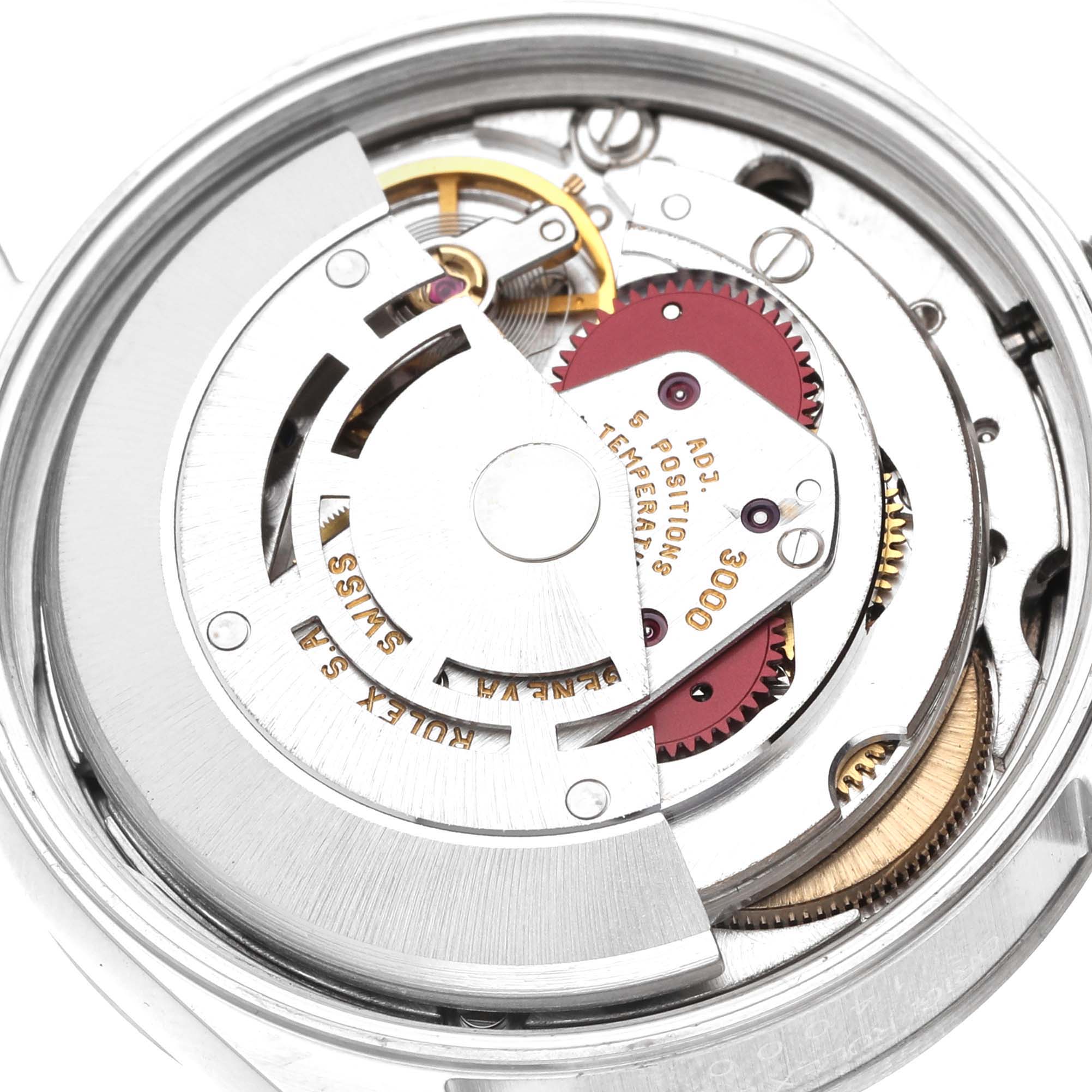 The image shows the inner mechanism of a Rolex Air-King 14000 Men's Stainless Steel Black Dial watch, highlighting the movement parts from a top view.