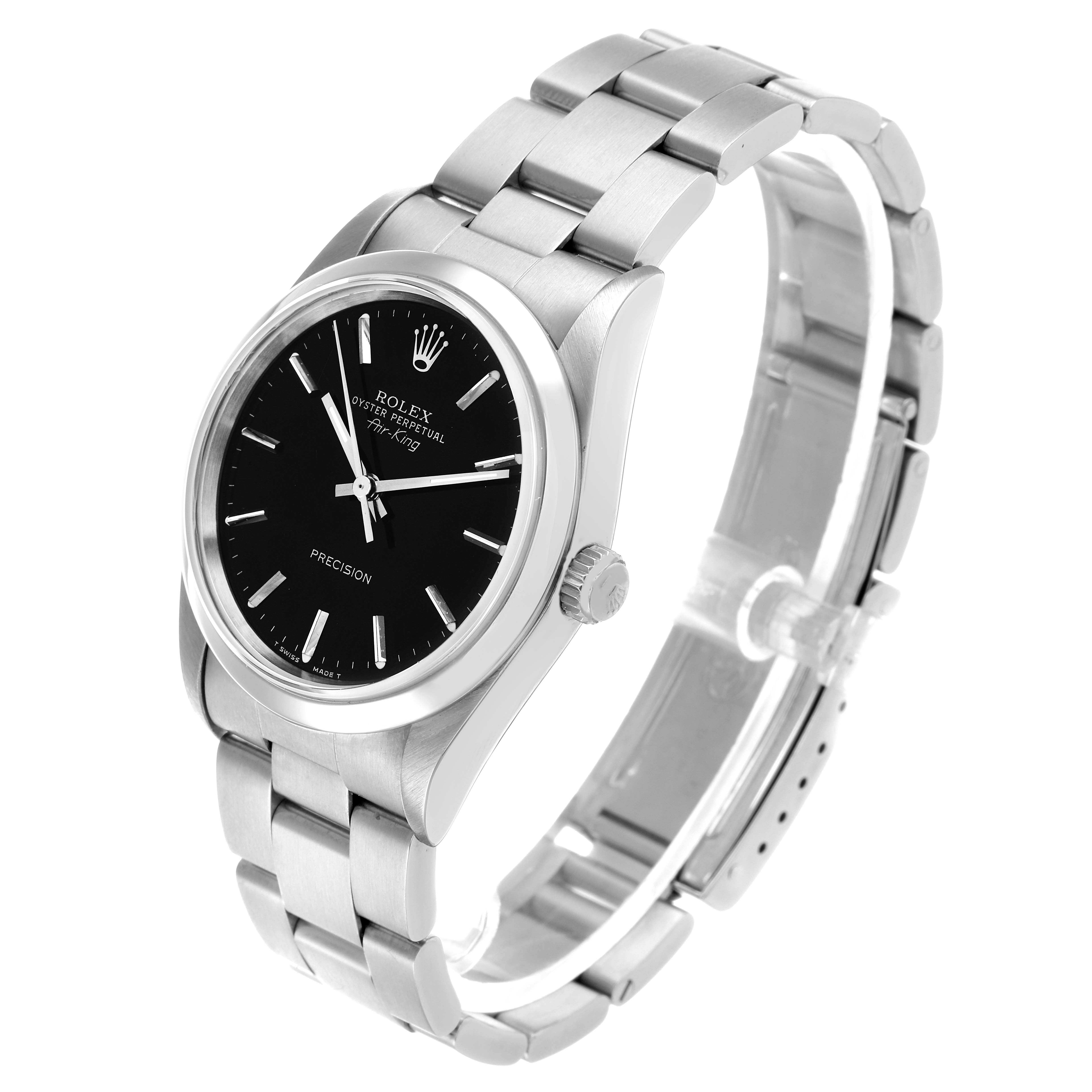 The Rolex Air-King 14000 Men's Stainless Steel Black Dial watch is shown at a three-quarter angle, highlighting the face, bezel, crown, and bracelet links.