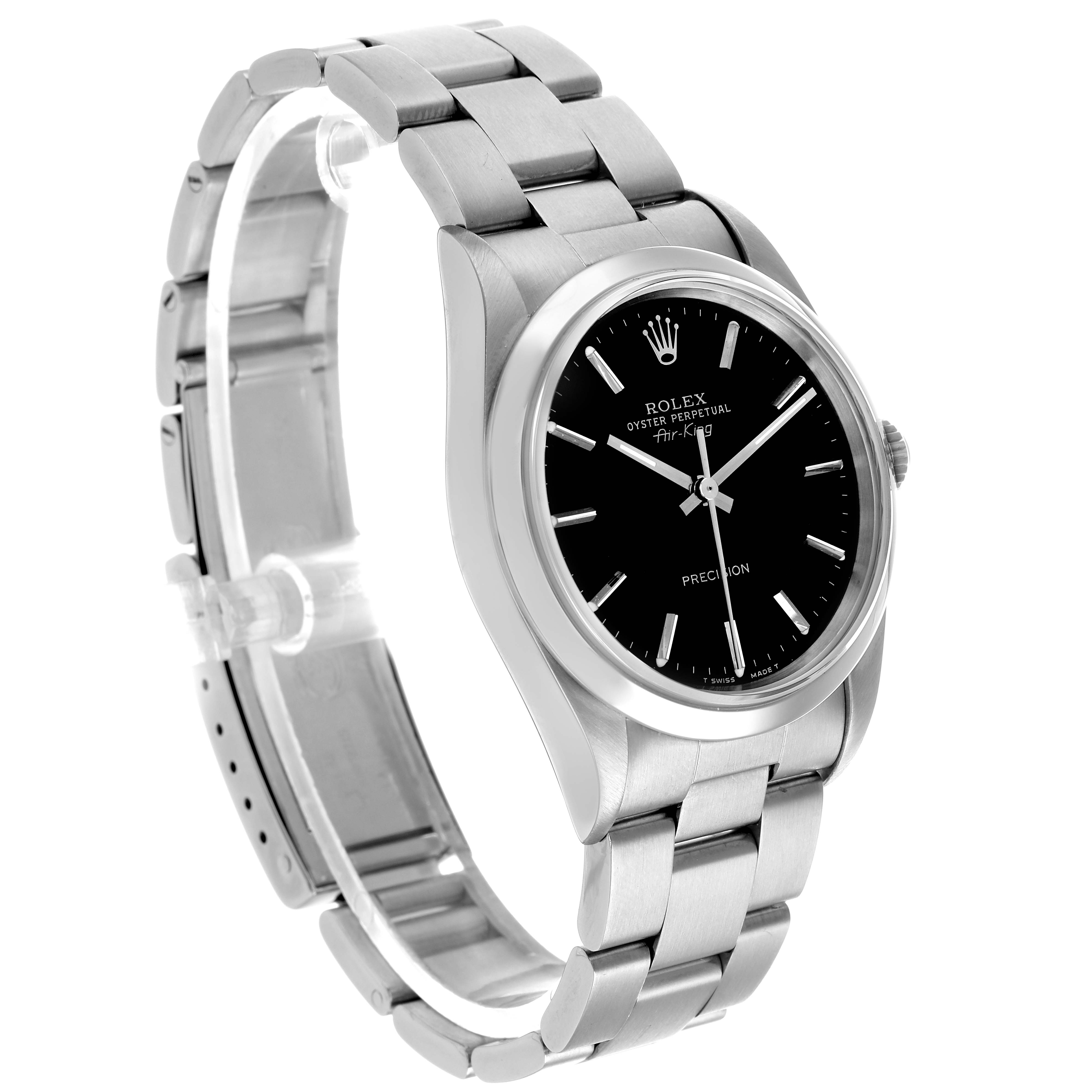 The image shows a Rolex Air-King 14000 Men's Stainless Steel Black Dial watch at a three-quarter angle, highlighting the dial, bezel, and bracelet.