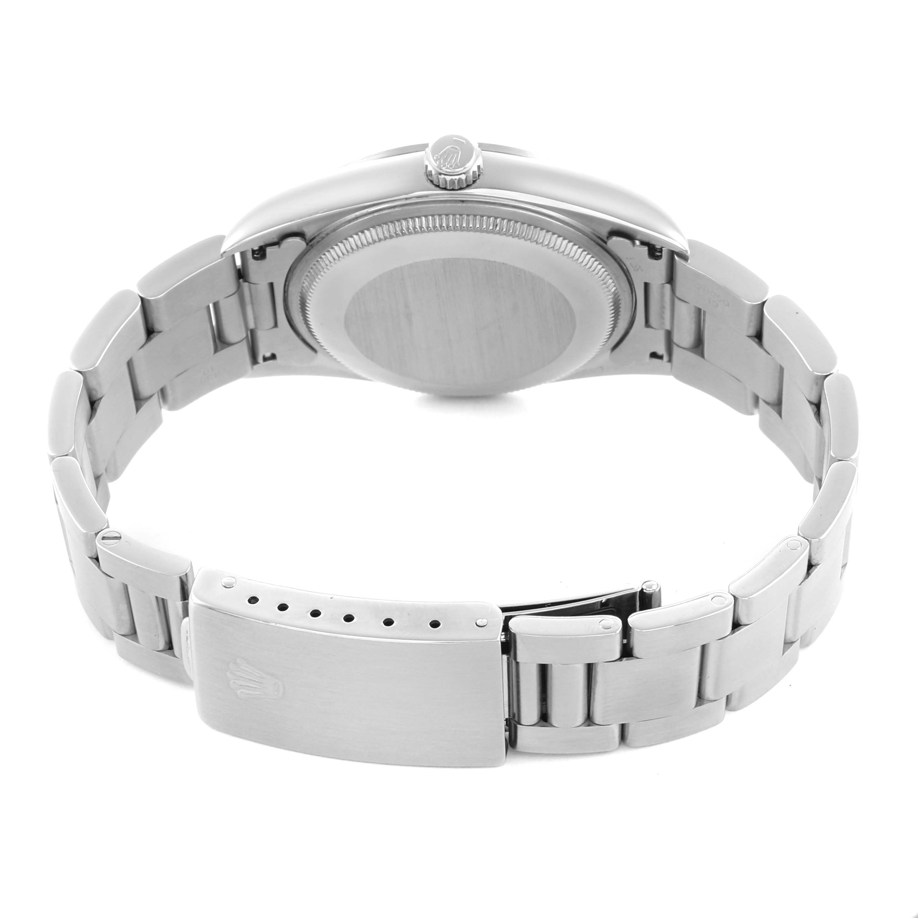 The Rolex Air-King 14000 Men's Stainless Steel Black Dial watch is shown from the back, displaying the case back, bracelet, and clasp.