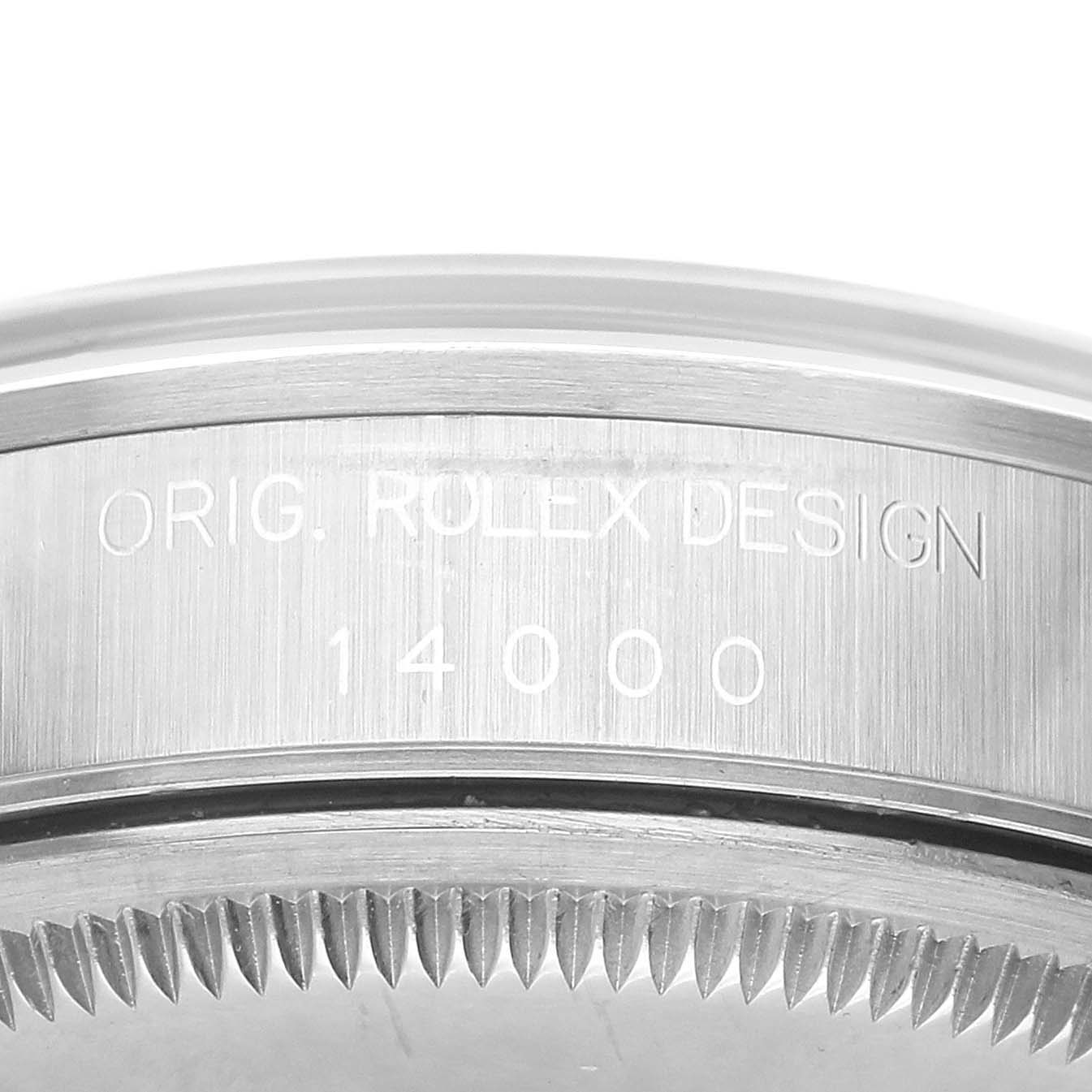 The image shows the side view of the bezel and case edge of the Rolex Air-King 14000 Men's Stainless Steel Black Dial, displaying its serial and design numbers engraved.