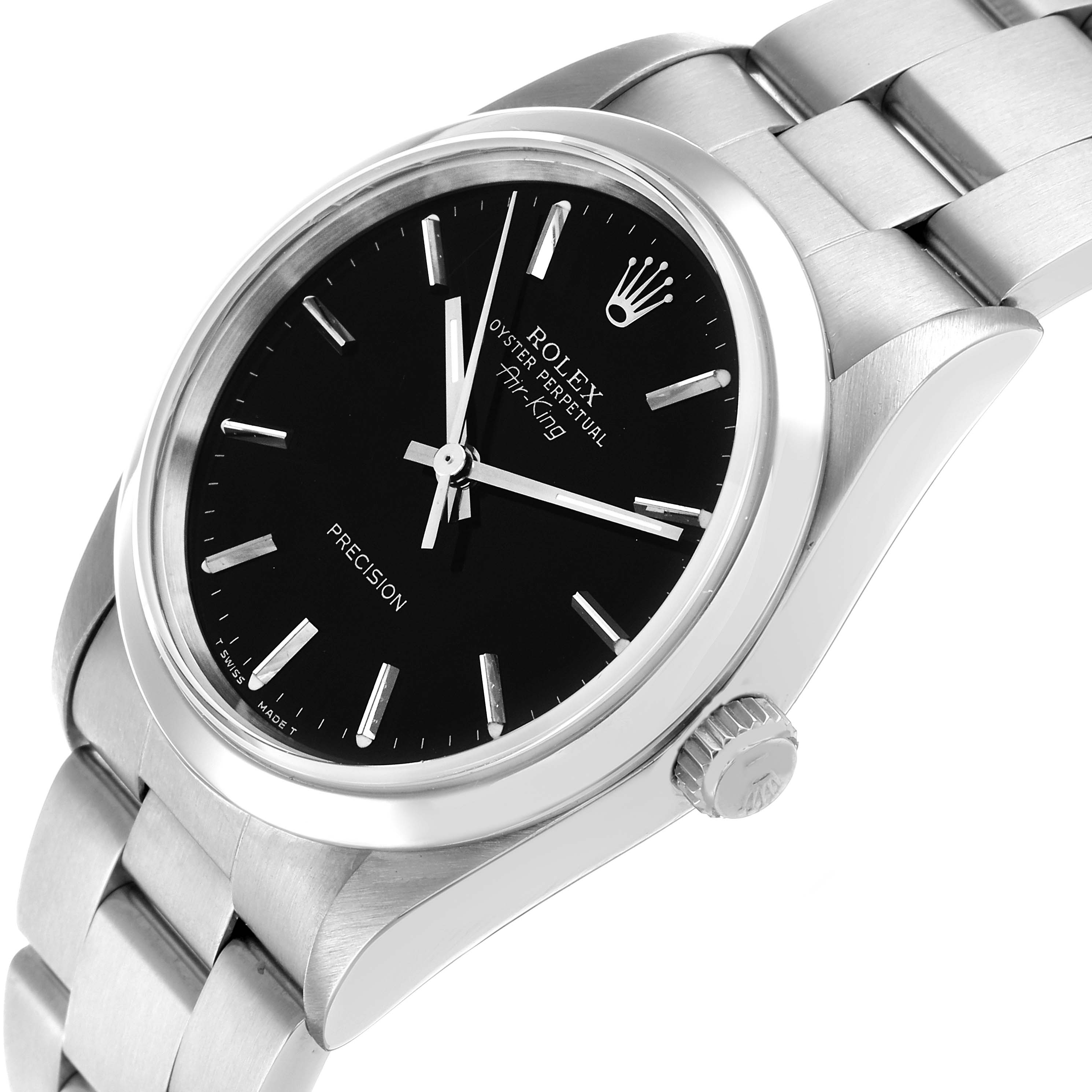 The Rolex Air-King 14000 Men's Stainless Steel Black Dial watch is shown at an angled side view, displaying the face, crown, and part of the bracelet.