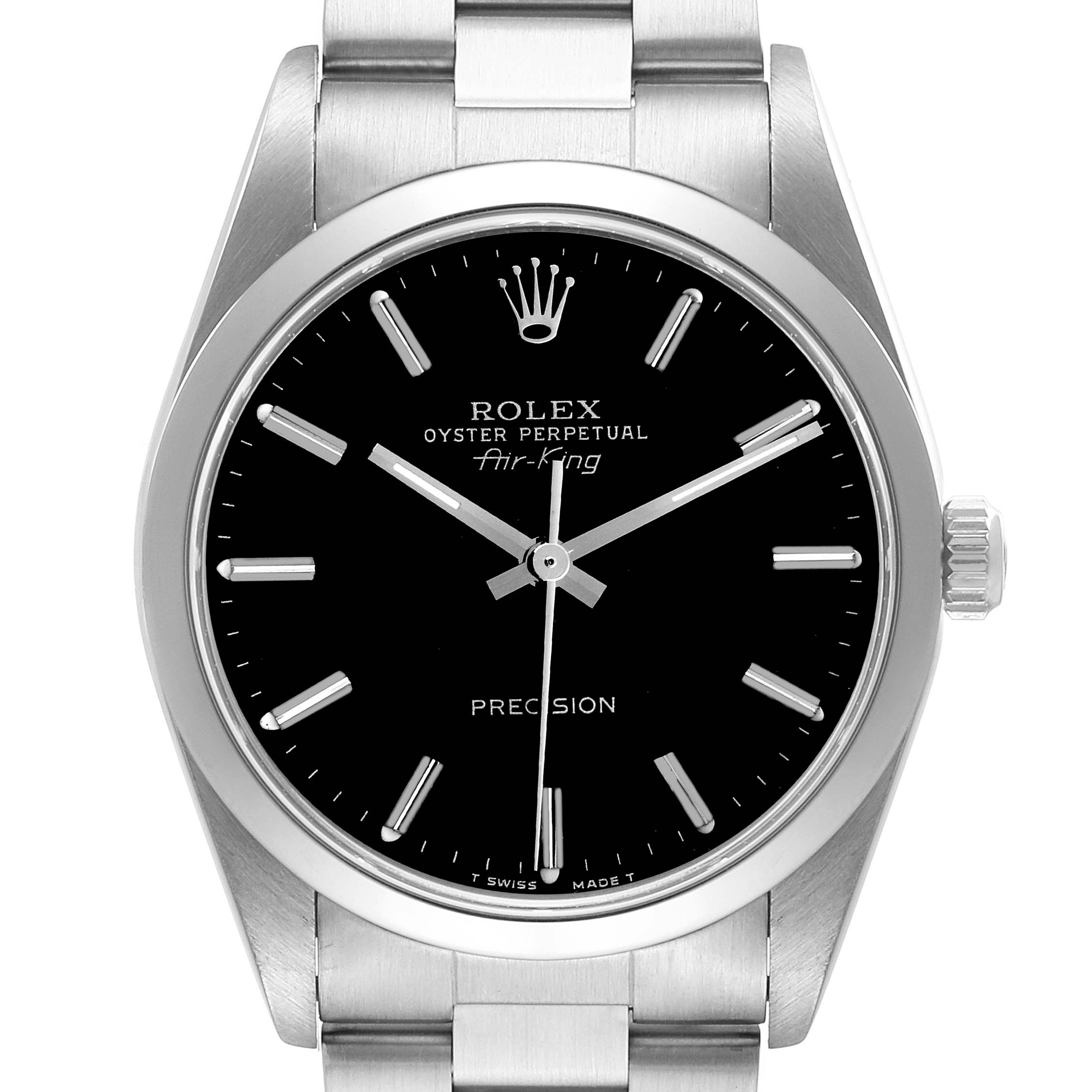 The Rolex Air-King 14000 Men's Stainless Steel Black Dial watch is shown from a front angle, highlighting the dial, hour markers, hands, crown, and part of the bracelet.